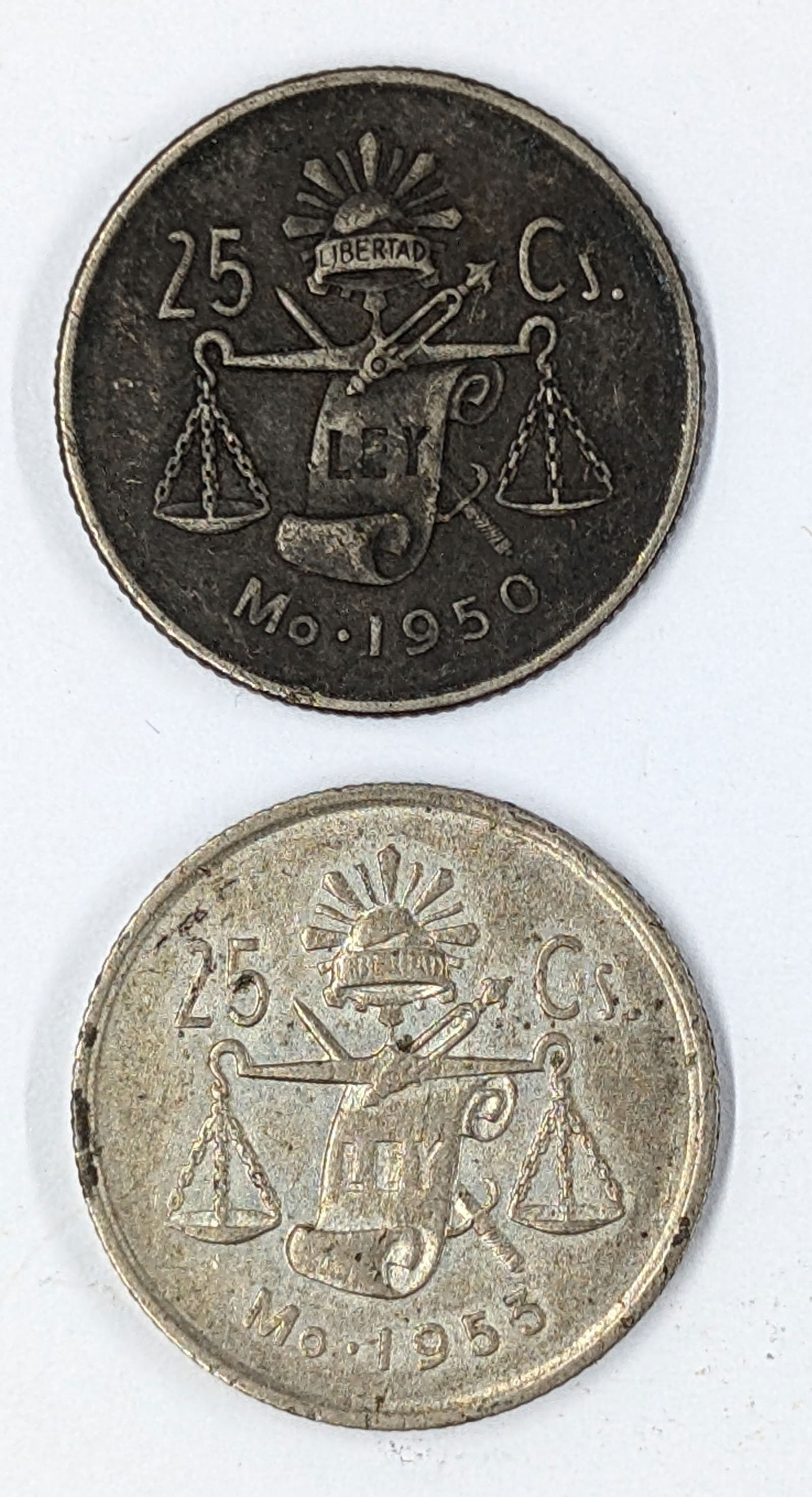 Lot of 2 Silver Mexico 25 Centavos - 1950, 1953 (1 of 2)