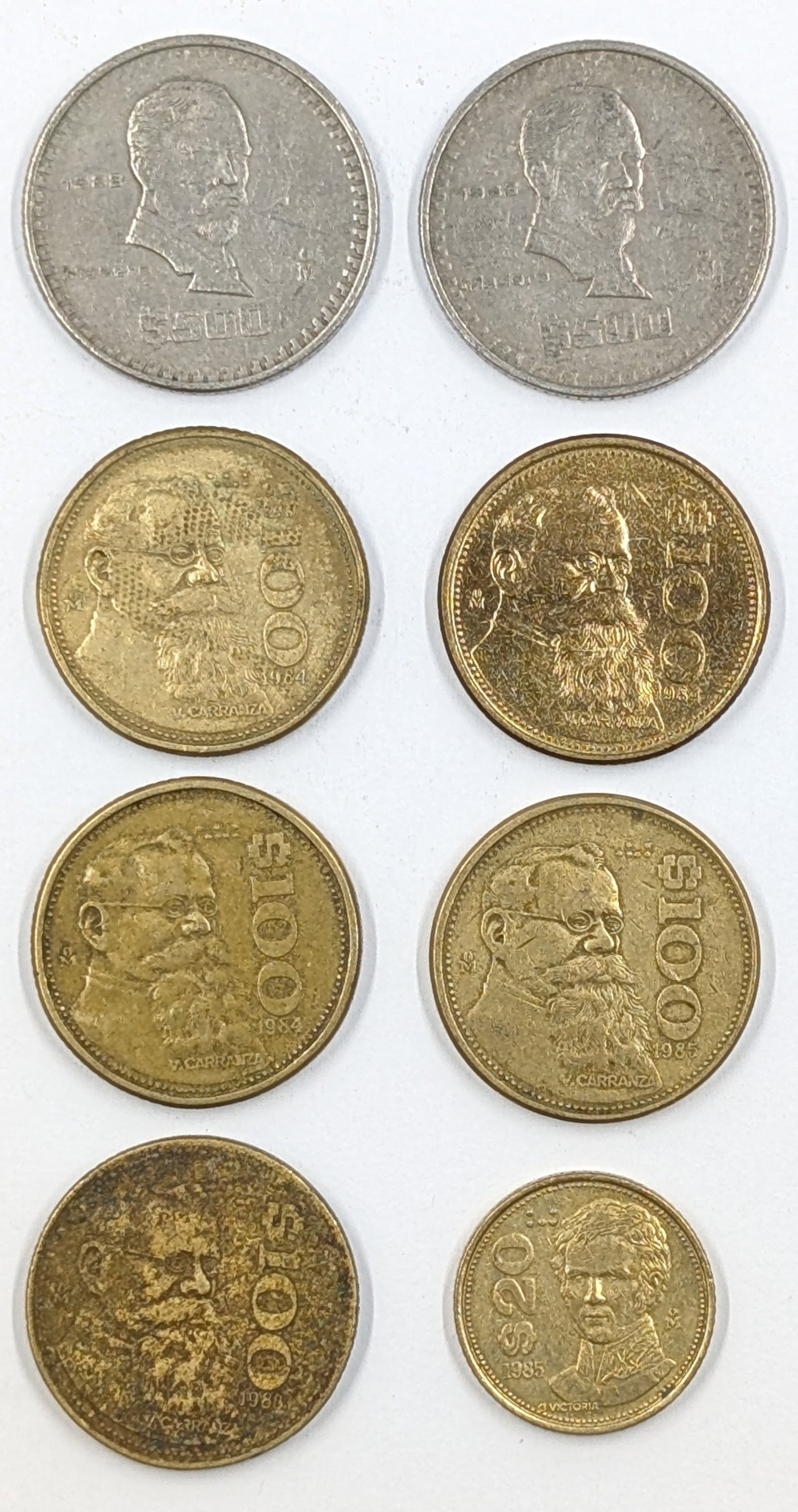 Lot of 8 - 1980s Mexico Pesos $500, 100, 20: Coin