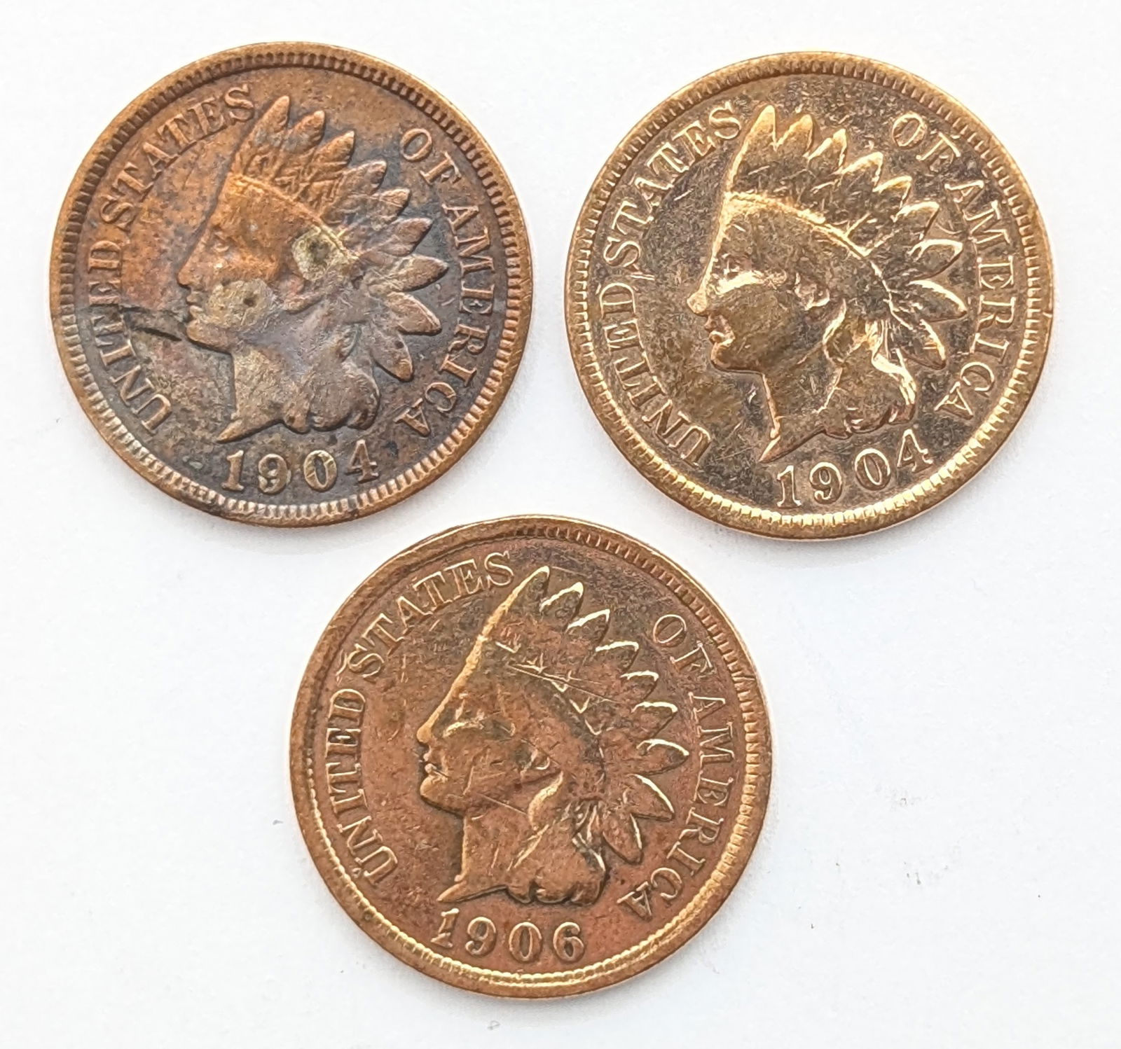 Lot of 3 Indian Head Cents - 1904(2), 1906 (1 of 2)