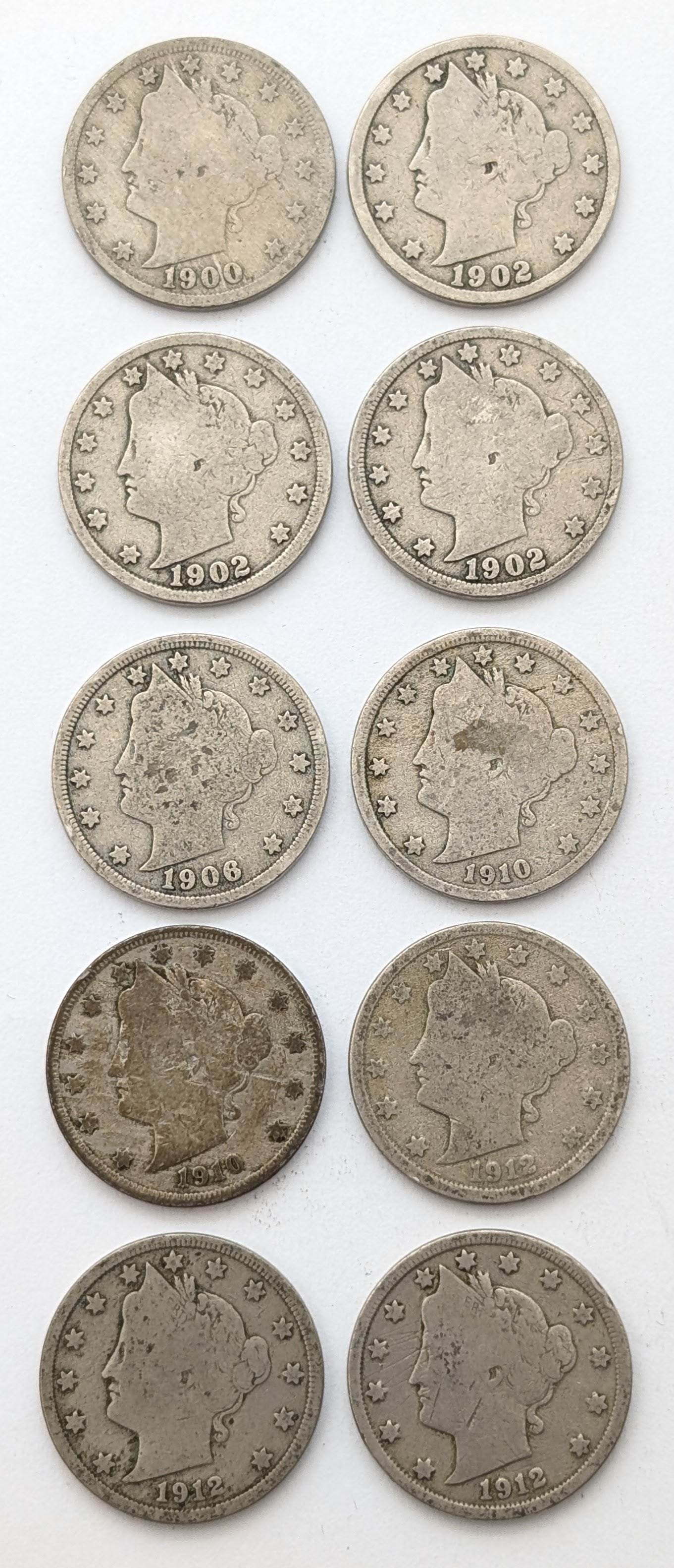 Lot of 10 Liberty V Nickels - 1900-1912: Coin