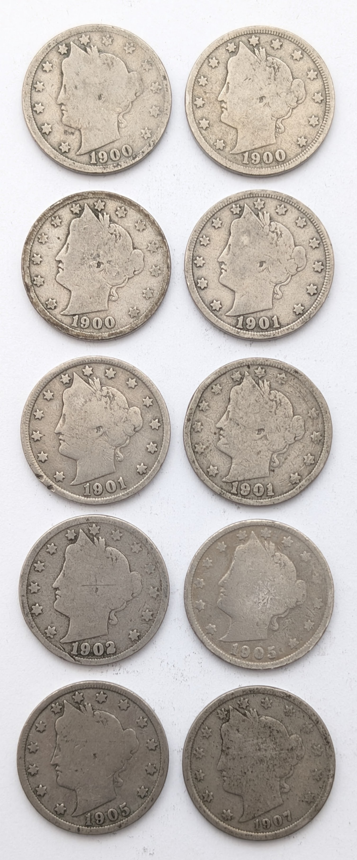 Lot of 10 Liberty V Nickels - 1900-1907: Coin