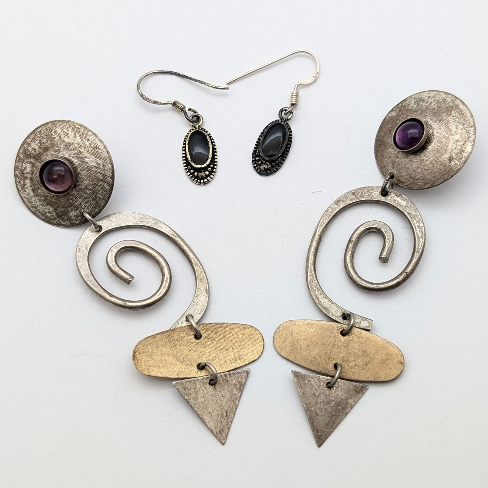 Lot of 2 Sterling Silver Earrings - Art Deco & Ovals: Jewelry