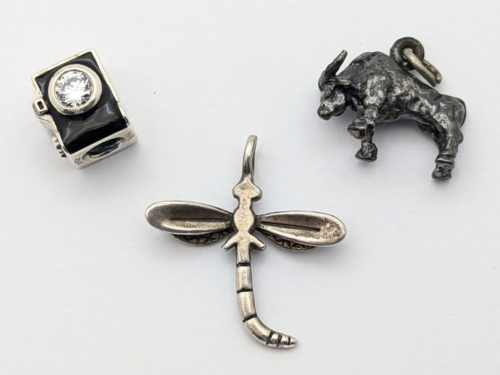Lot of 3 Sterling Silver Charms - Pandora Camera, Dragonfly, Bull (1 of 11)