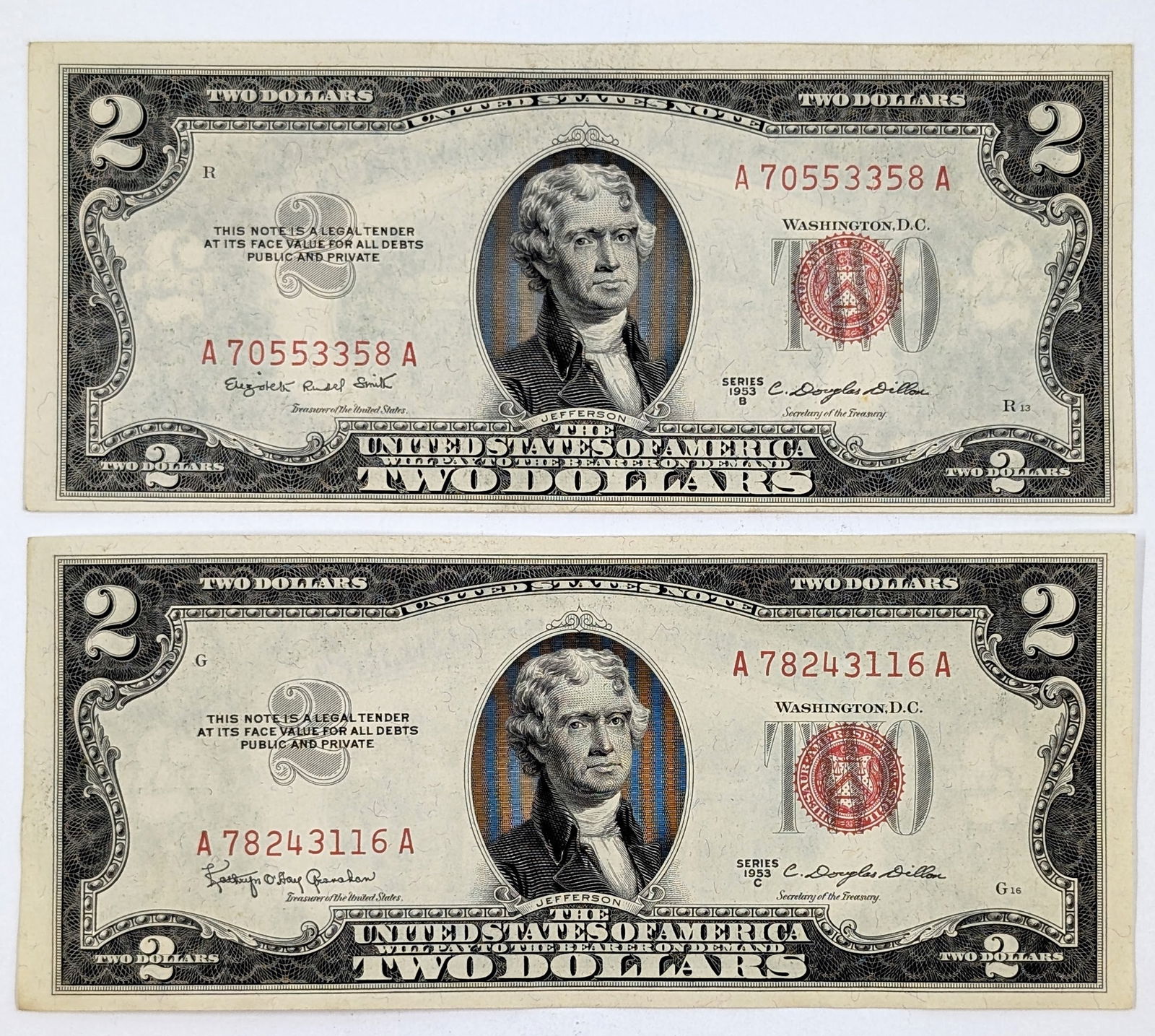 Lot of 2 Uncirculated 1953 B/C $2 Notes - Red Seals (1 of 2)