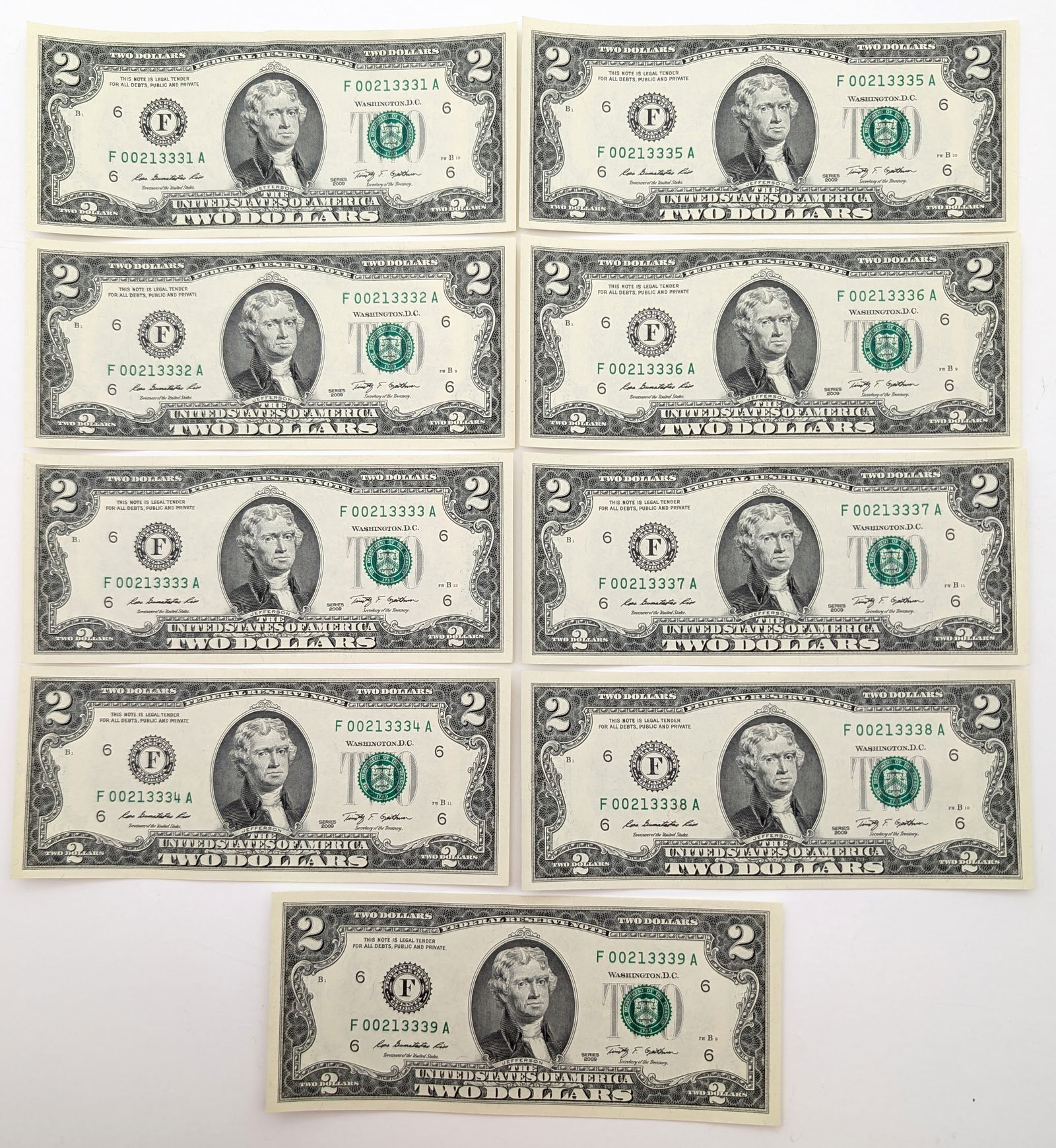 Lot of 9 Consecutive Uncirculated 2009 $2 Notes - Green Seals (1 of 2)