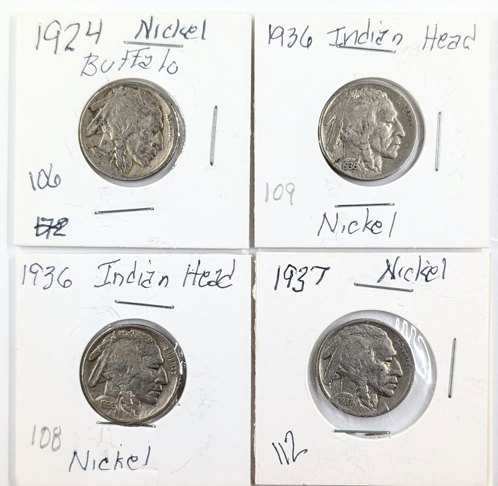 Lot of 4 Buffalo Head Nickels - 1924-1937: Coin