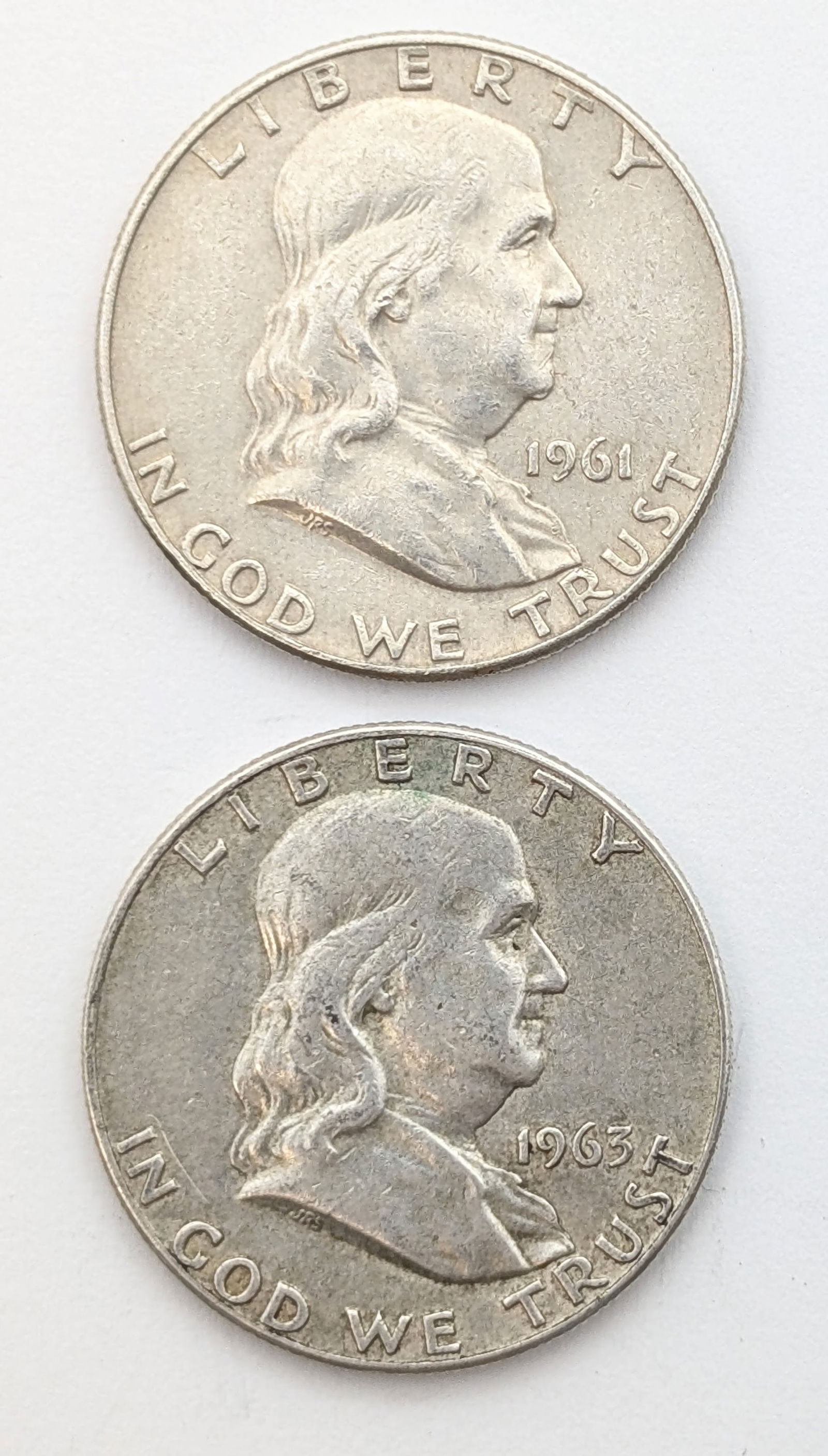 Lot of 2 Silver Franklin Half Dollars- 1961-D, 1963-D (1 of 2)
