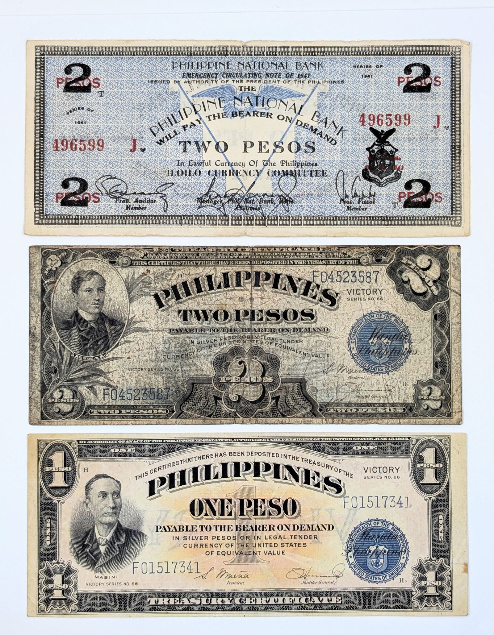 Lot of 3 Philippines Notes- 1941 $2 Pesos, $1 Pesos (1 of 2)