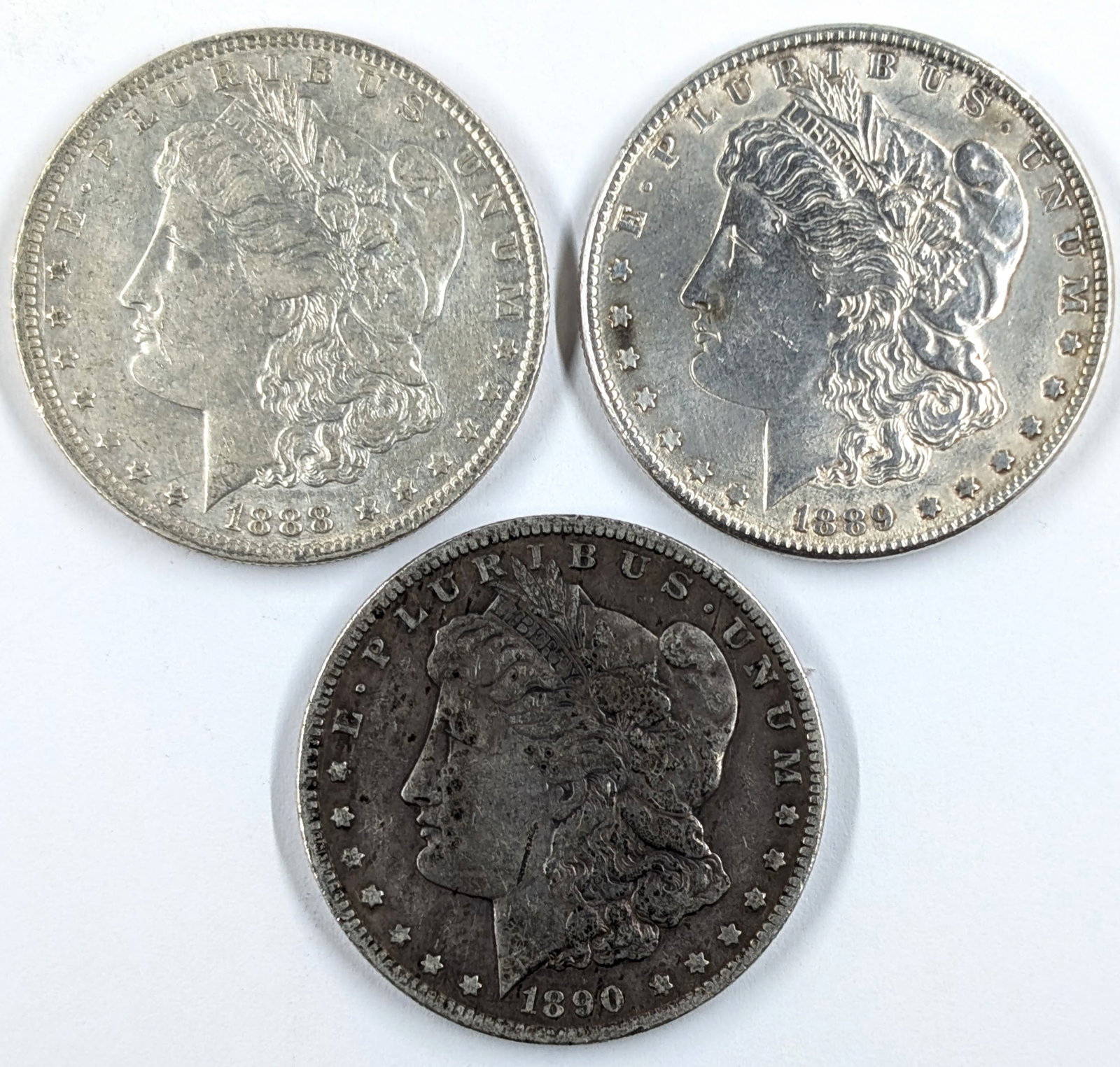 Lot of 3 Morgan Silver Dollars - 1888-O, 1889, 1890-O (1 of 2)
