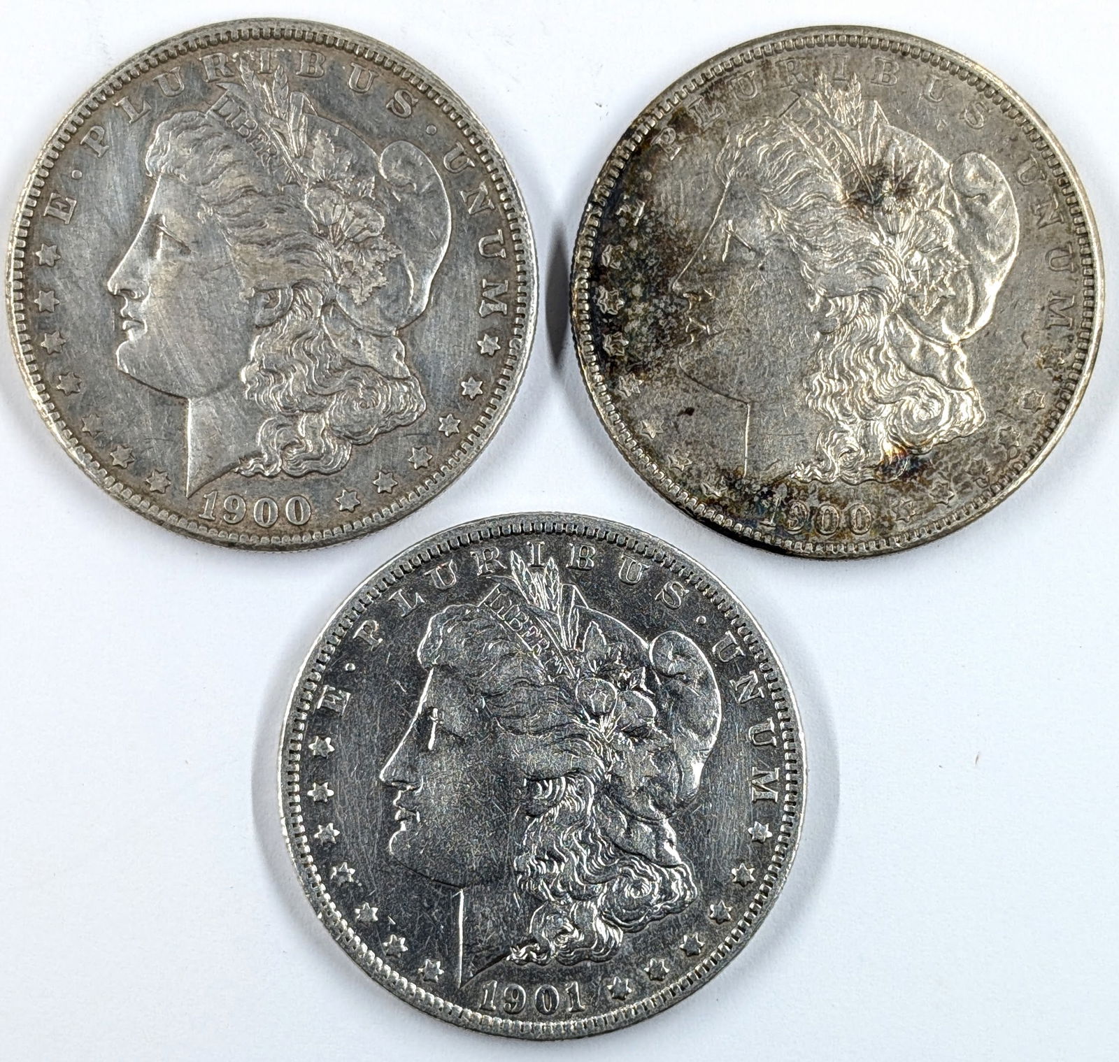 Lot of 3 Morgan Silver Dollars - 1900(2), 1901 (1 of 2)