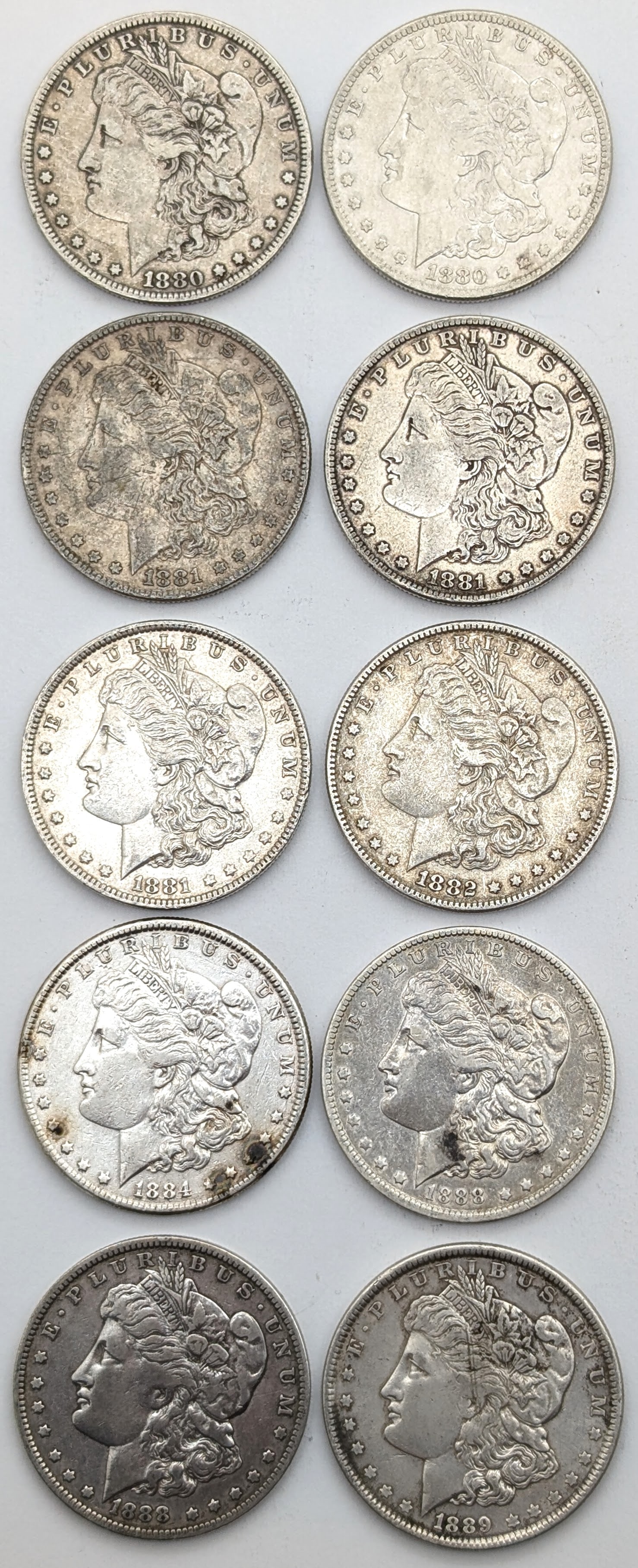 Lot of 10 Morgan Silver Dollars - 1880-1889 (1 of 2)
