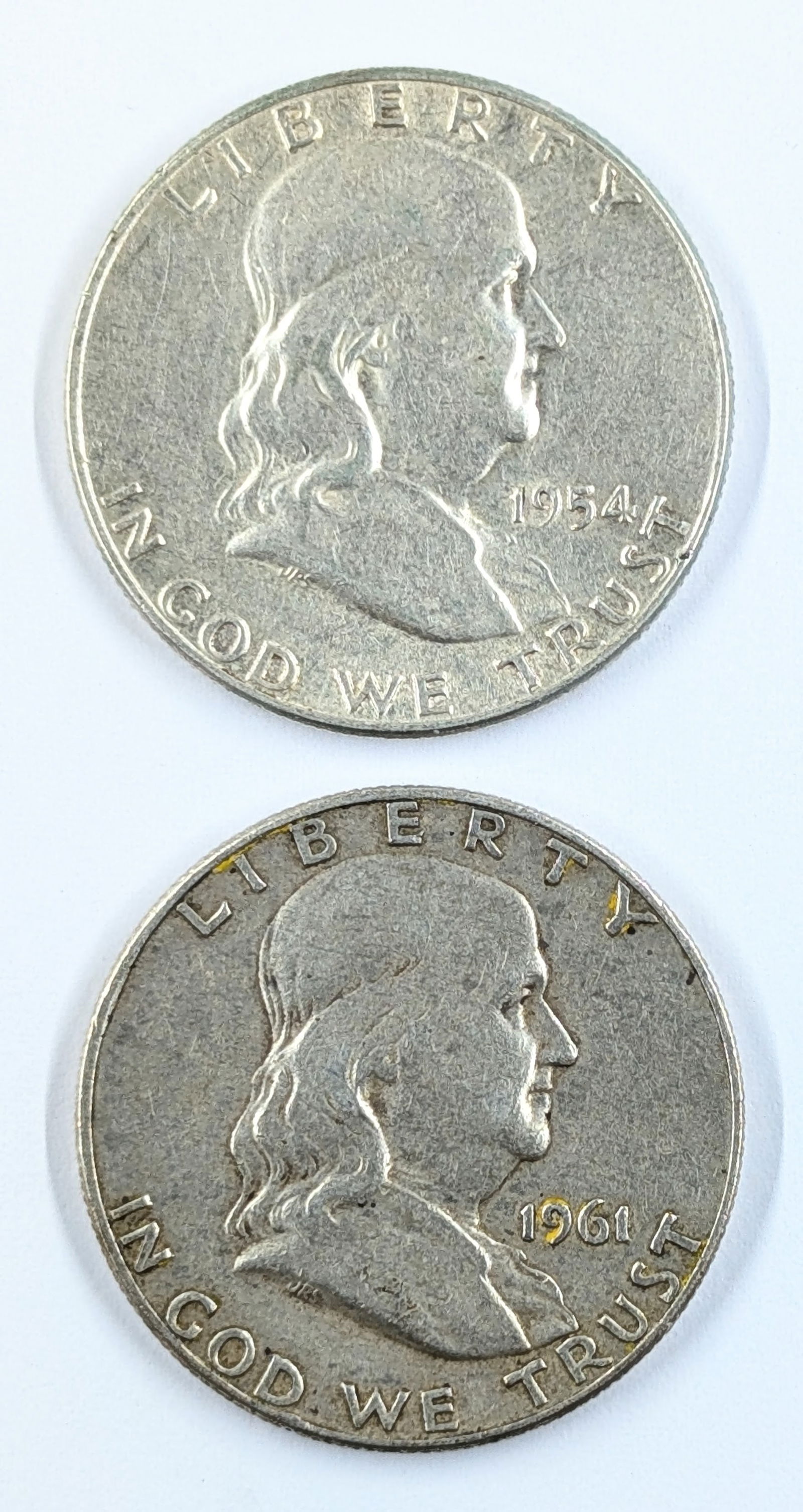 Lot of 2 Silver Franklin Half Dollars- 1954, 1961-D (1 of 2)