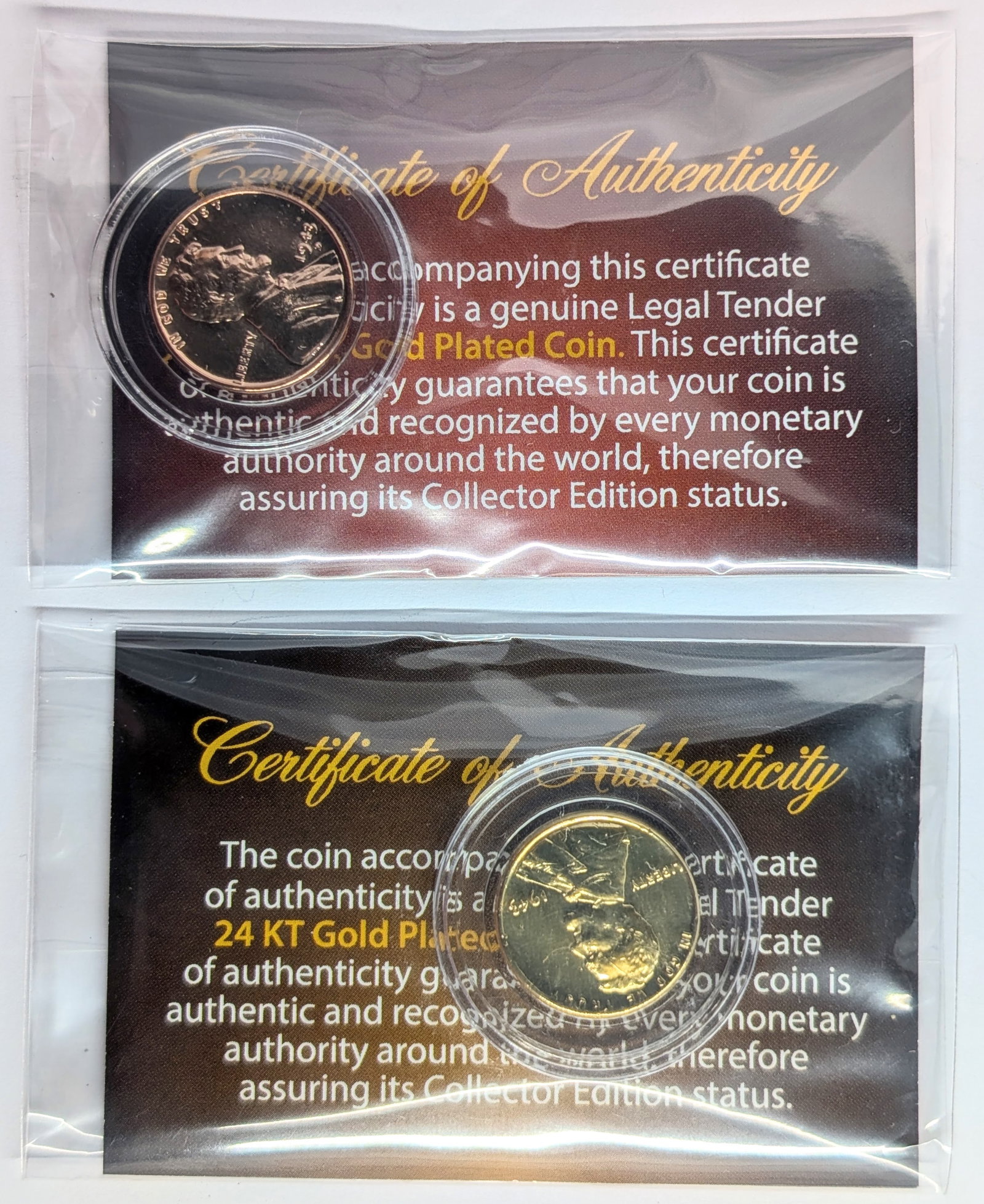 Lot of 2 24K Rose Gold and Gold plated 1943-D Lincoln Cent w/ COA (1 of 2)