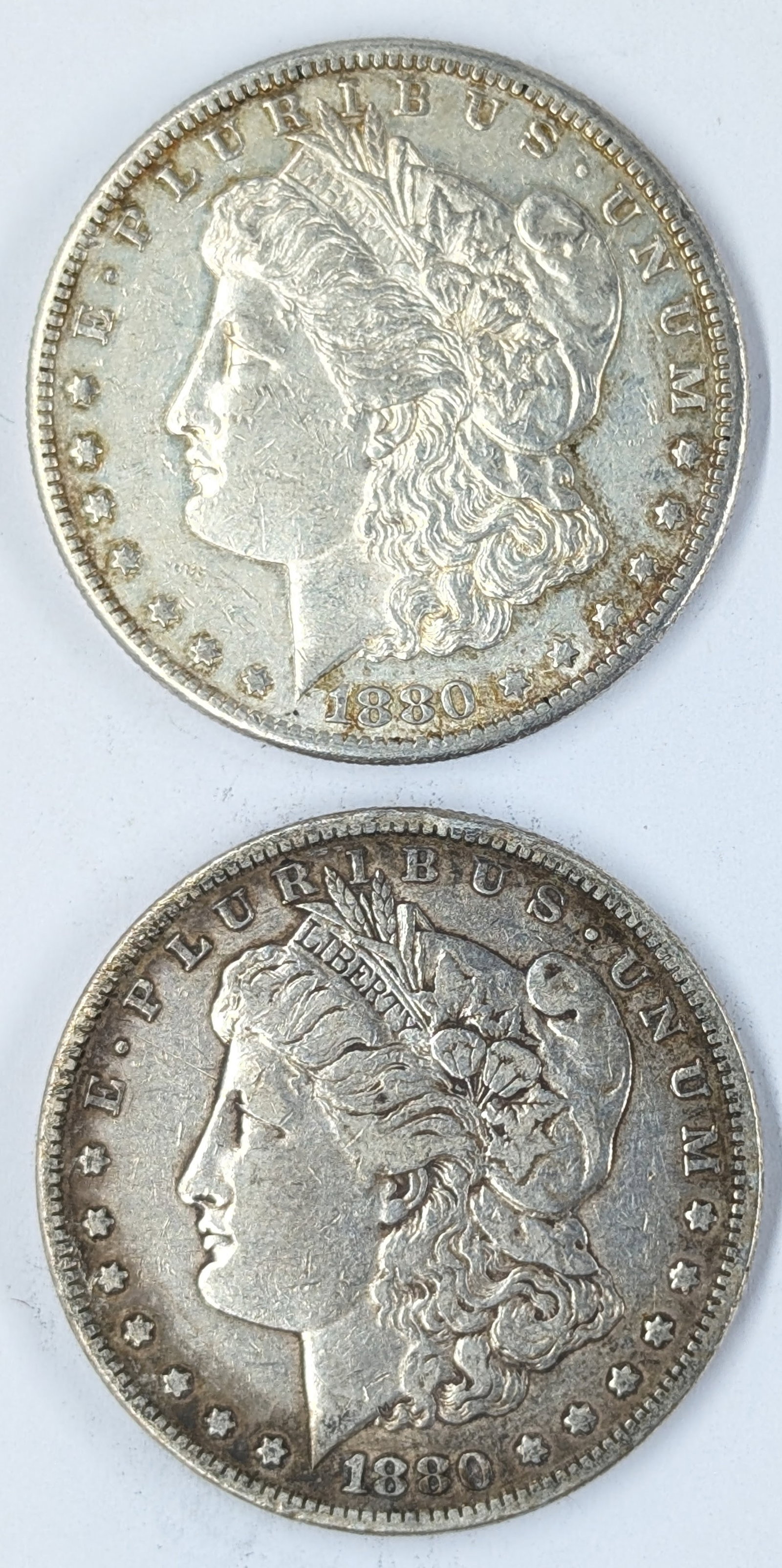 Lot of 2 Morgan Silver Dollars - 1880 P/S: Silver