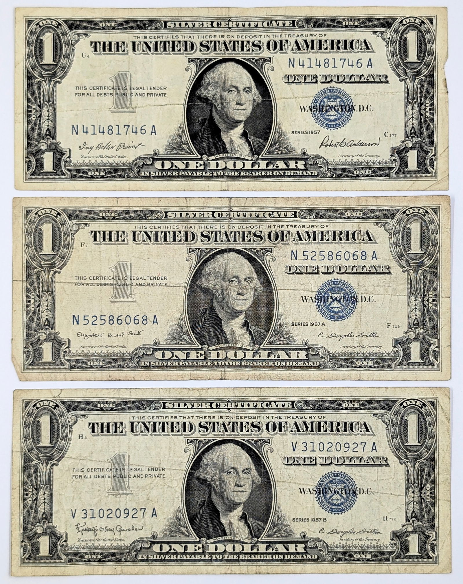 Lot of 3 - 1957/1957-A/B $1 Notes - Silver Certificates: Heavily Circulated Condition