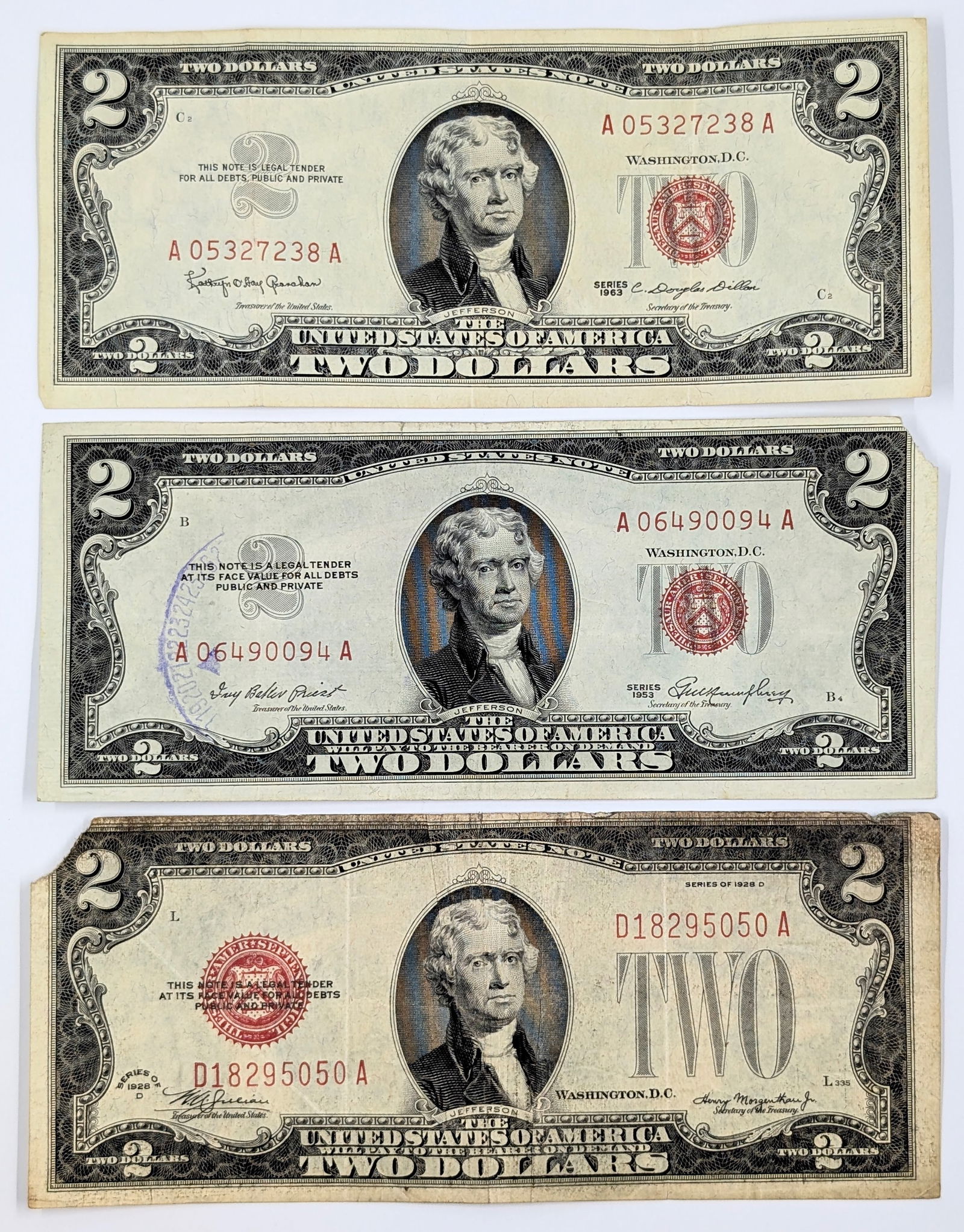 Lot of 3 - 1928-D, 1953, 1963 $2 Notes - Red Seals (1 of 2)