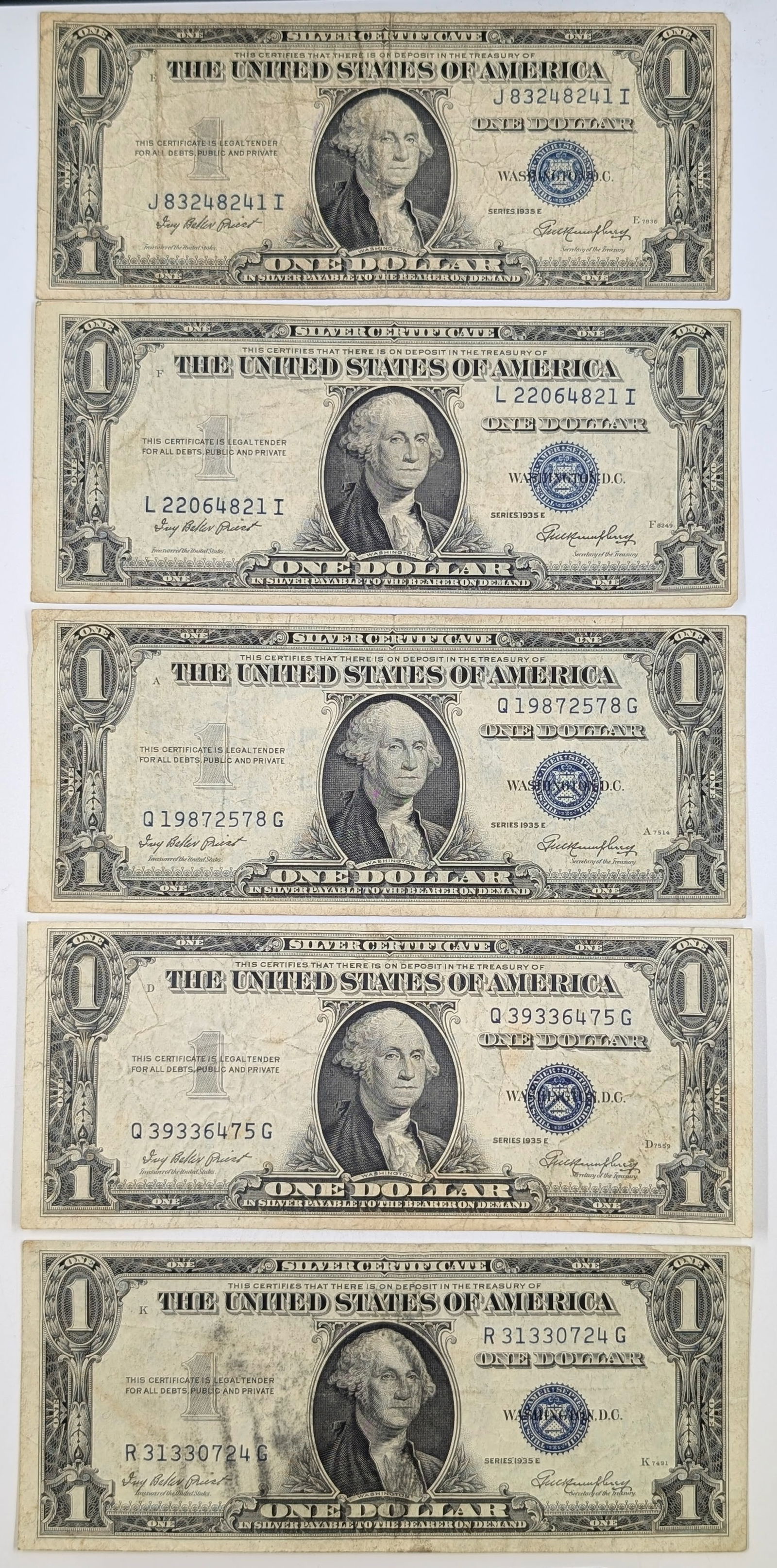 Lot of 5 - 1935-E $1 Notes - Silver Certificates (1 of 2)