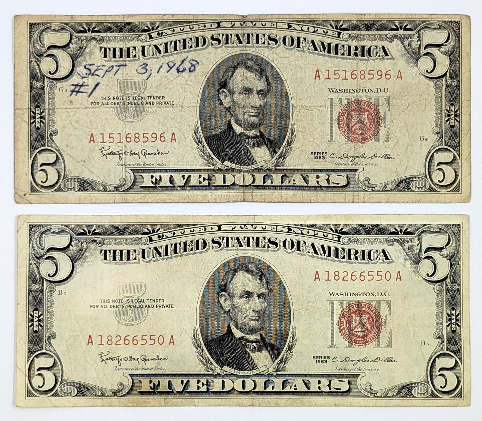 Lot of 2 - 1963 $5 Notes - Red Seals (1 of 2)