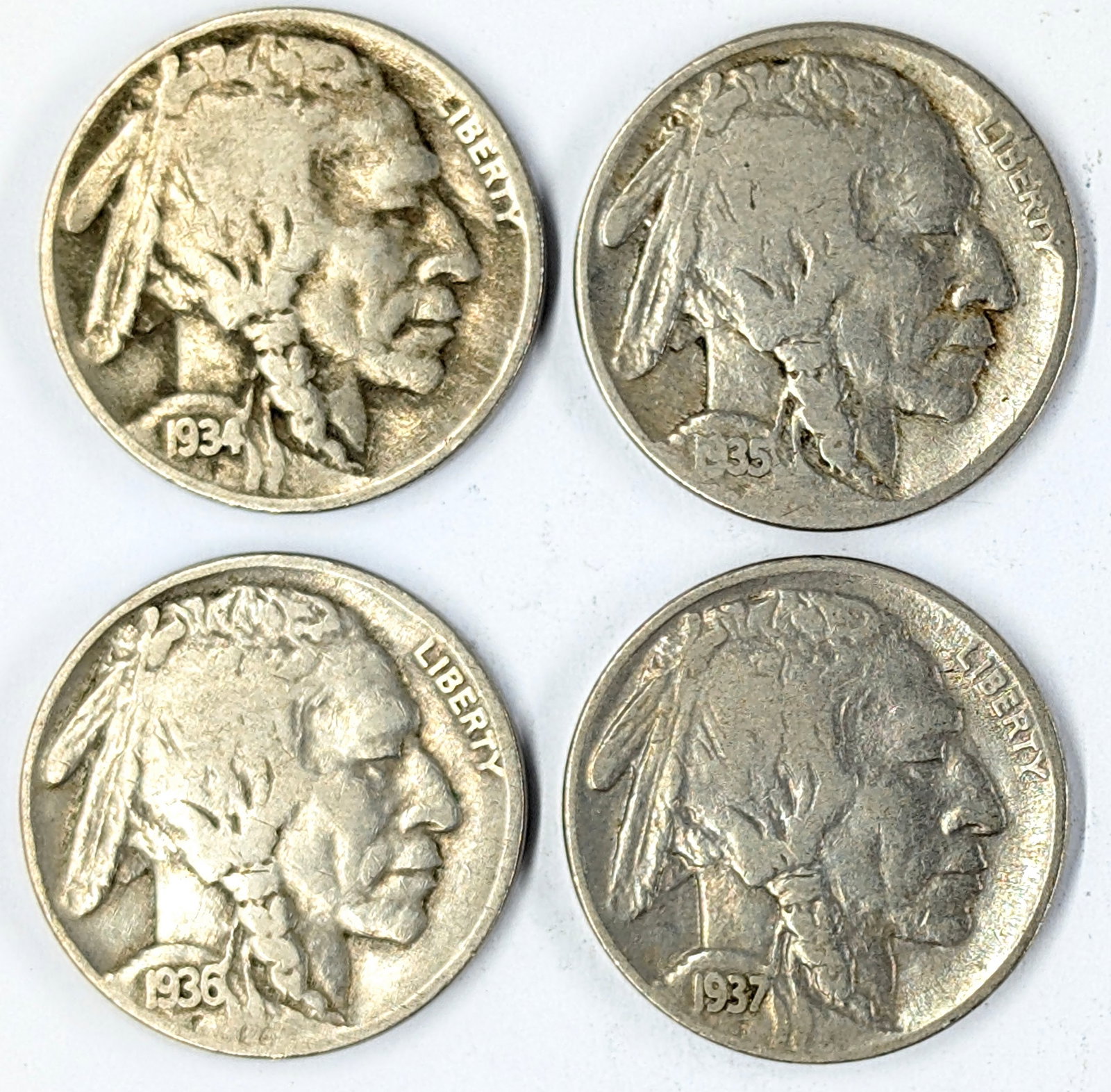 Lot of 4 Buffalo Head Nickels - 1934-1937: Coin