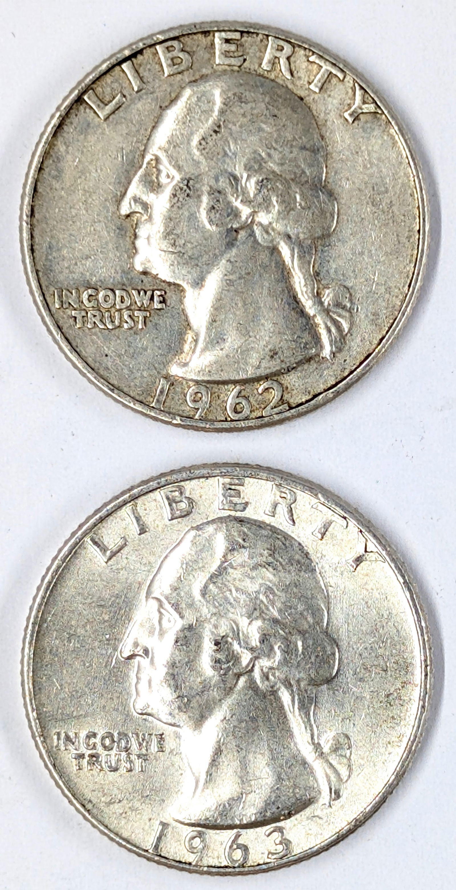 Lot of 2 Silver Washington Quarters - 1962-D, 1963-D (1 of 2)