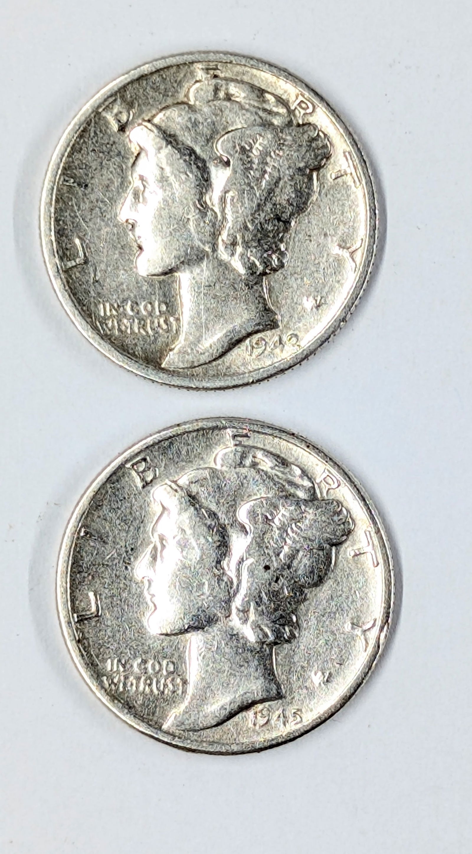 Lot of 2 Silver Mercury Dimes - 1943/45 Excellent Condition: _