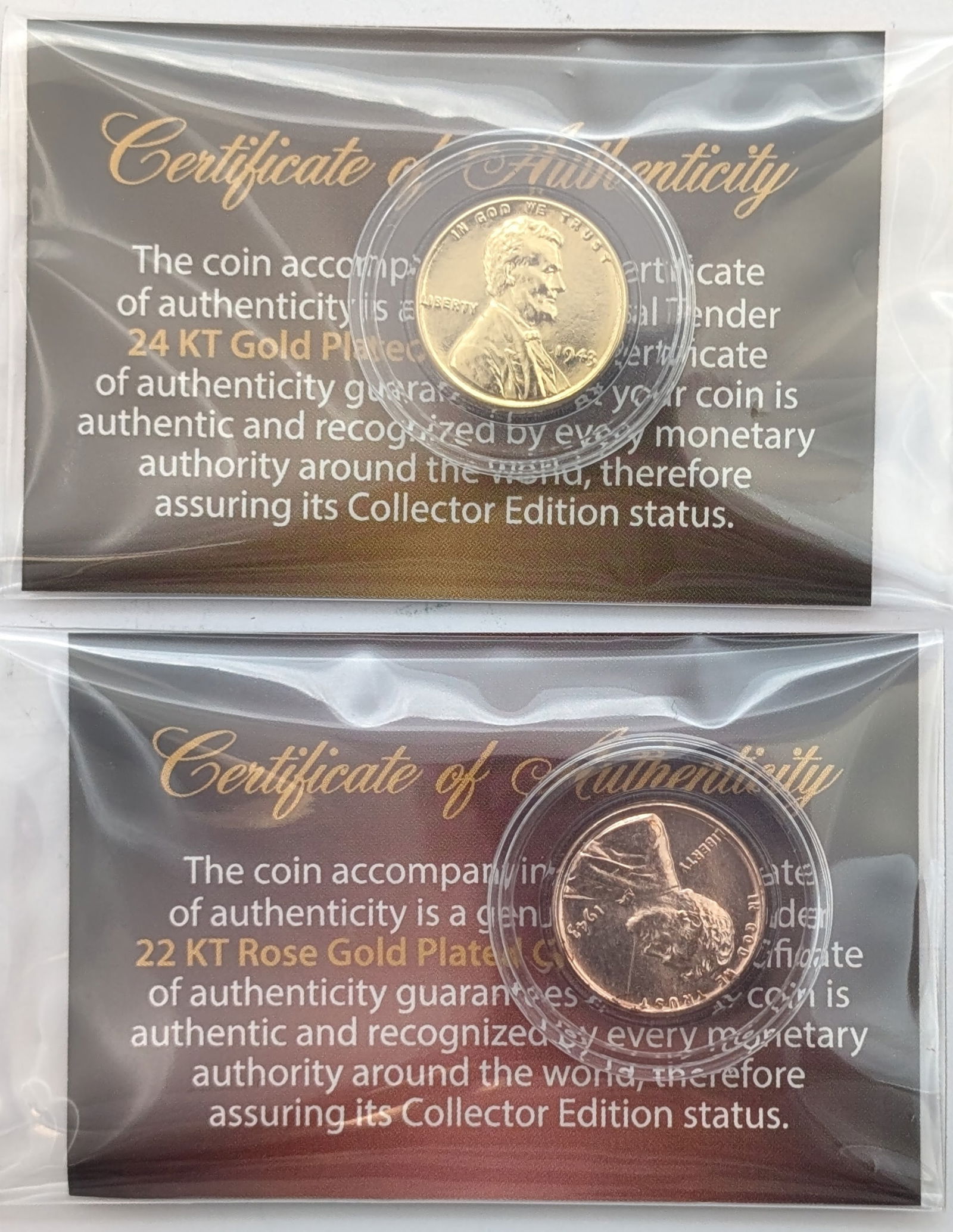 Lot of 2 Gold Plated and Uncirculated Wheat Cent (1 of 2)