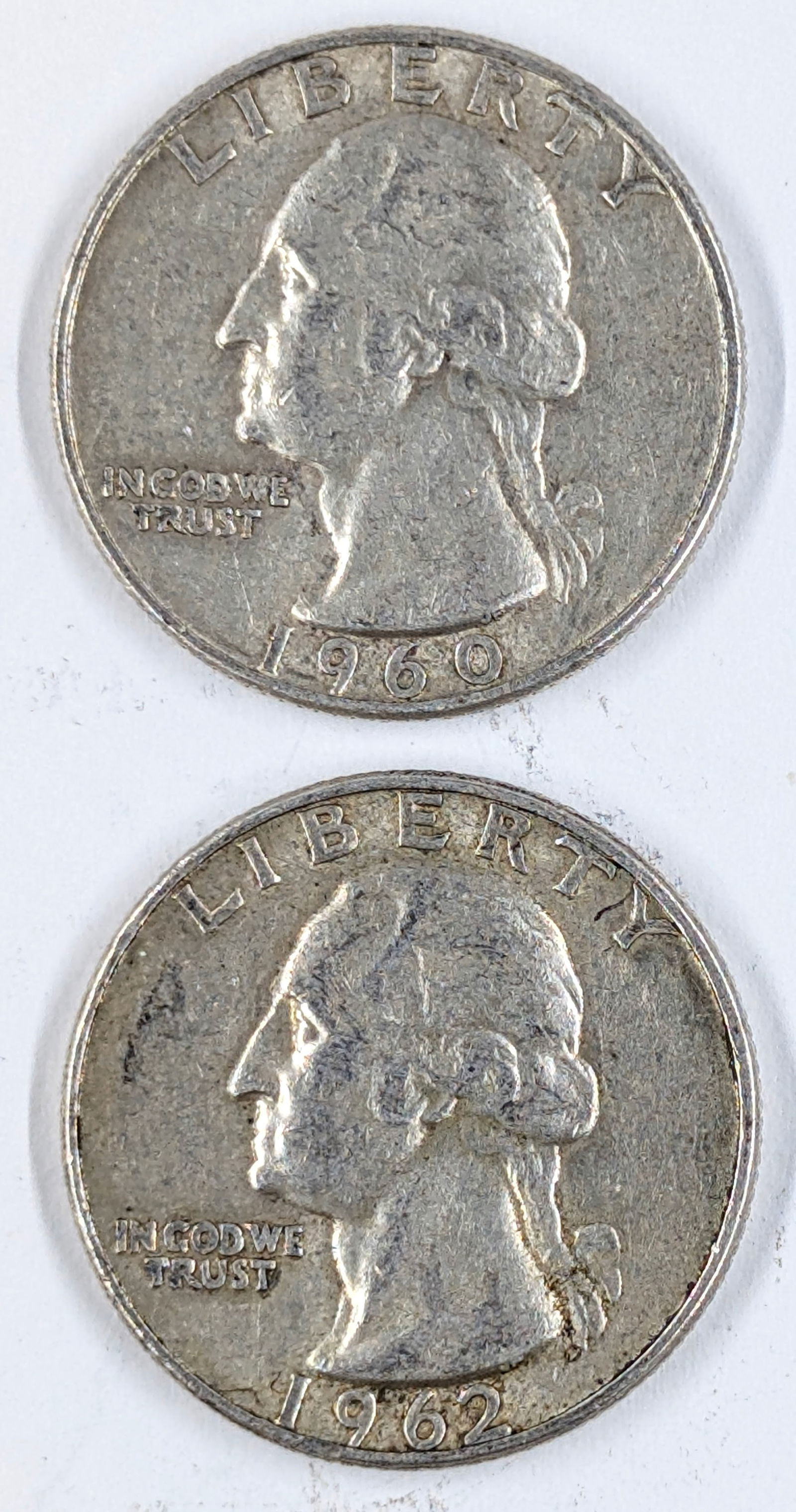 Lot of 2 Silver Washington Quarters 1960 and 62-D (1 of 2)