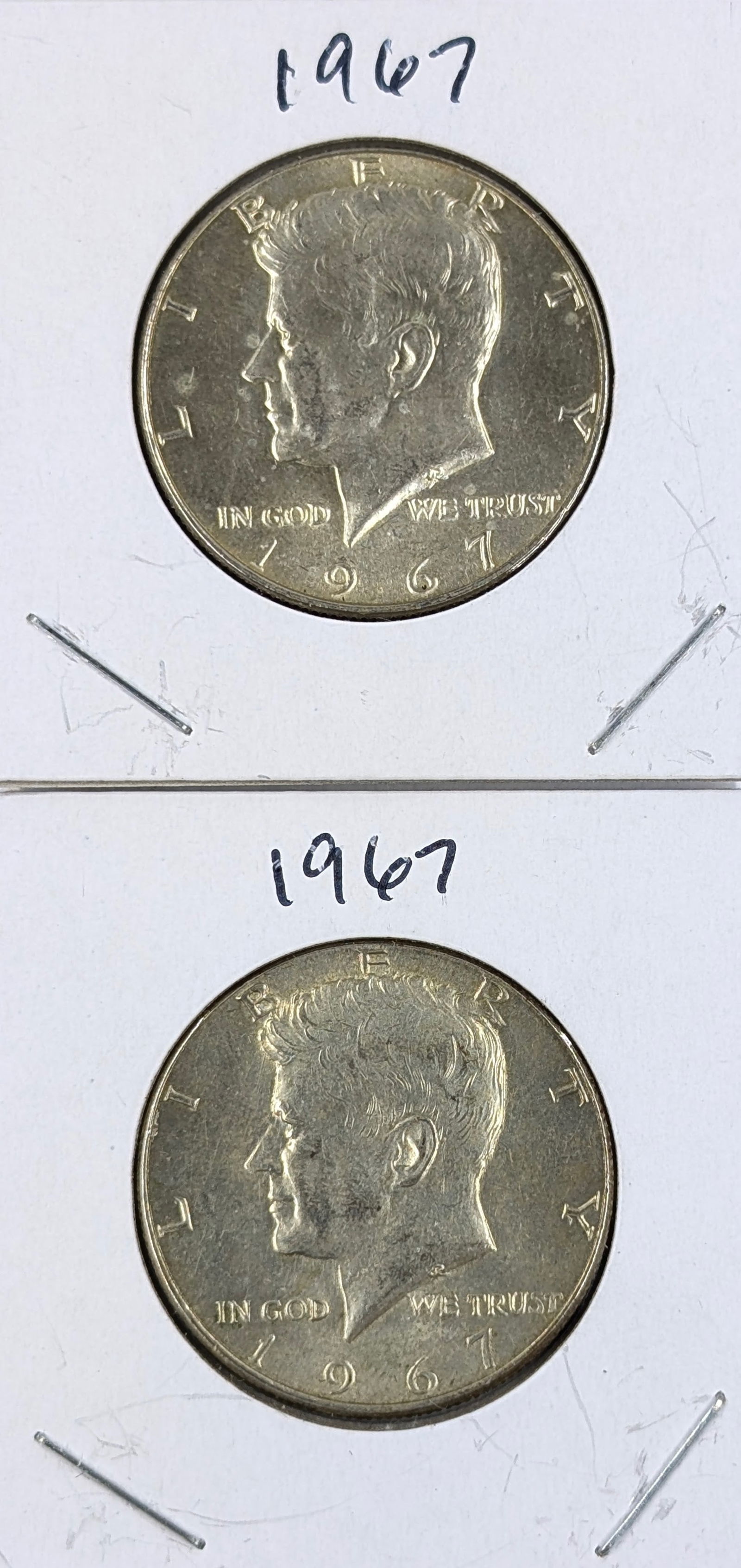 Lot of 2 Silver John F Kennedy Half Dollars - Both 1967: 40% Silver