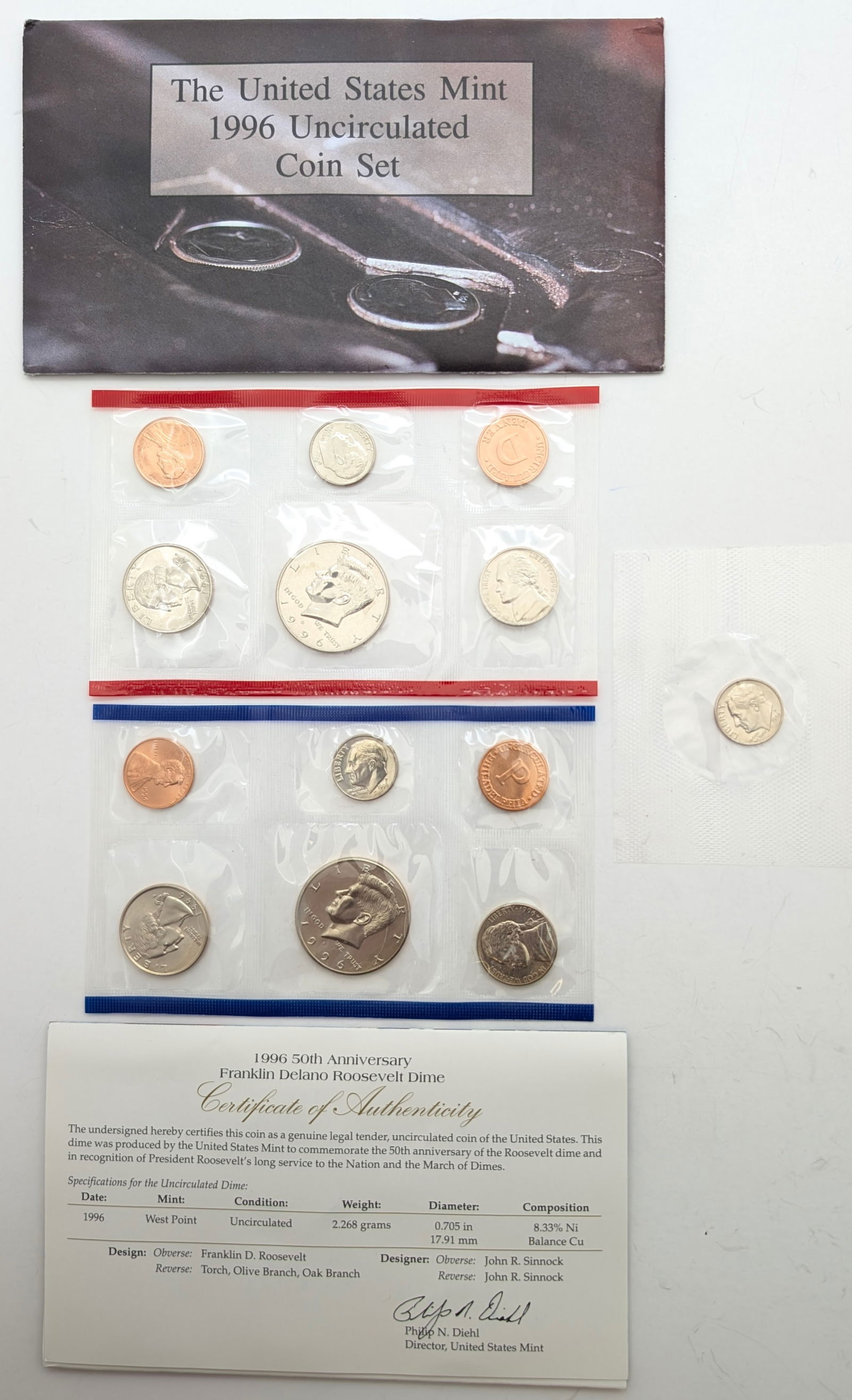 FEATURE 1996 US Mint Uncirculated Coin Set w/ 1996-W UNC Dime w/ COA (1 of 4)