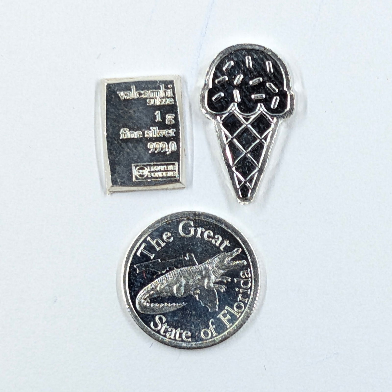 Lot of 2 - 1 Gram (each) Fine .999 Silver Mini-bars - Valcambi, Ice Cream, Florida: Silver