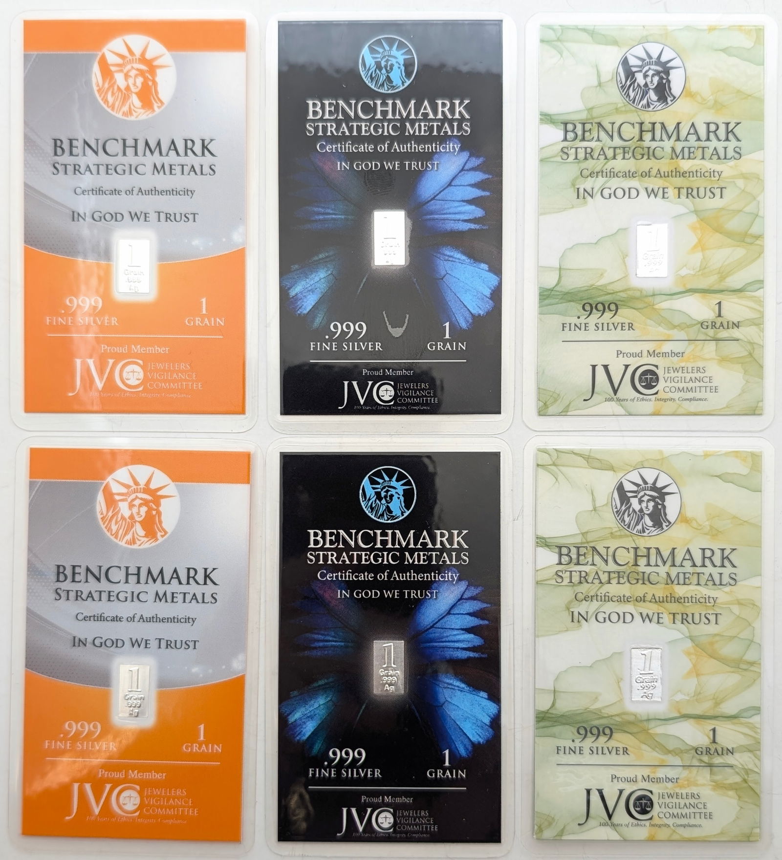 Lot of 6 - 1 Grain (each) .999 Silver Bars - Benchmark Strategic Metals: Silver