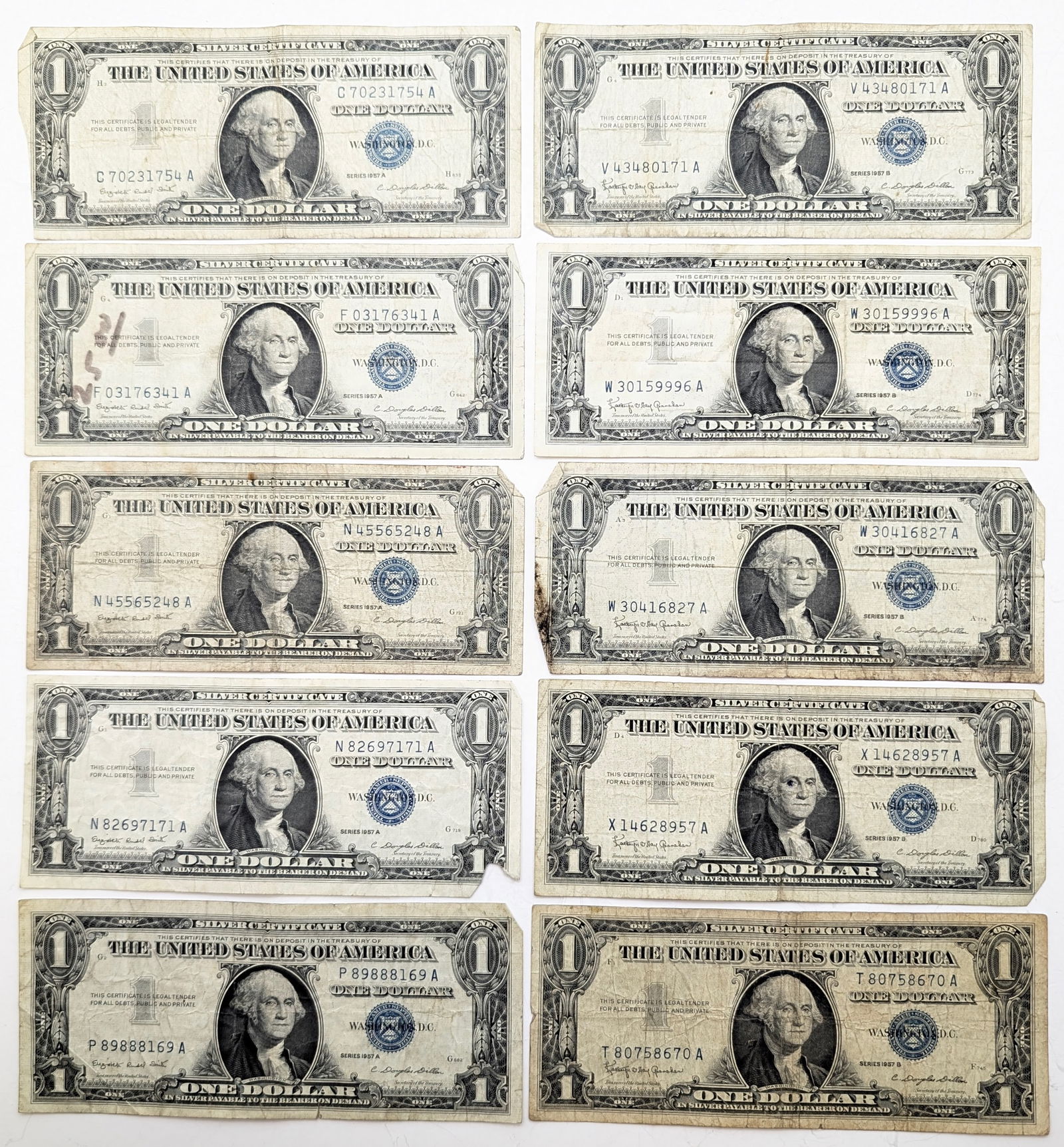 Lot of 10 - 1957 A/B $1 Notes - Silver Certificates (1 of 2)
