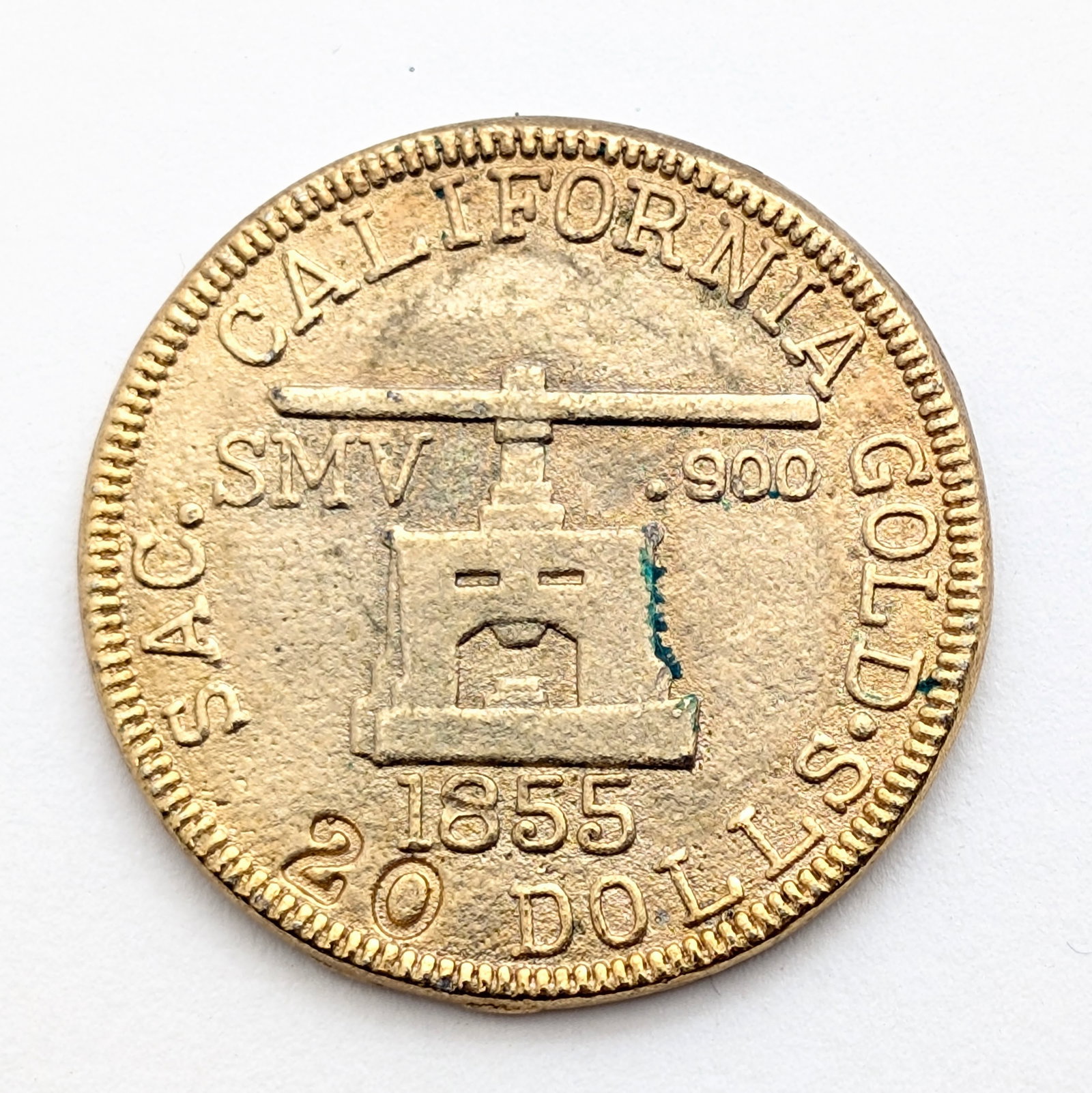 1855 Blake and Co. Assayers Brass 20 Dollar Coin: Commemorative