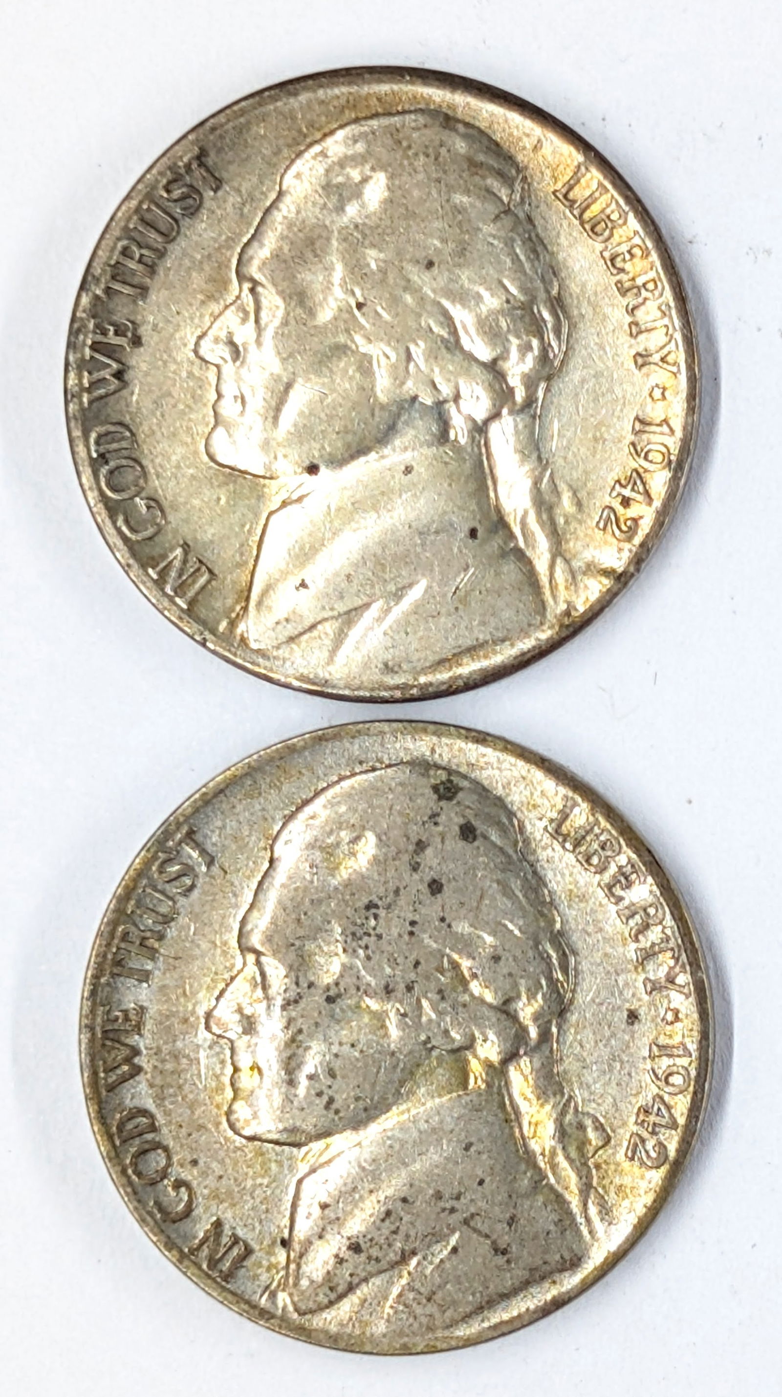 Lot of 2 Silver War Nickels - 1942 P/S - Toned (1 of 2)