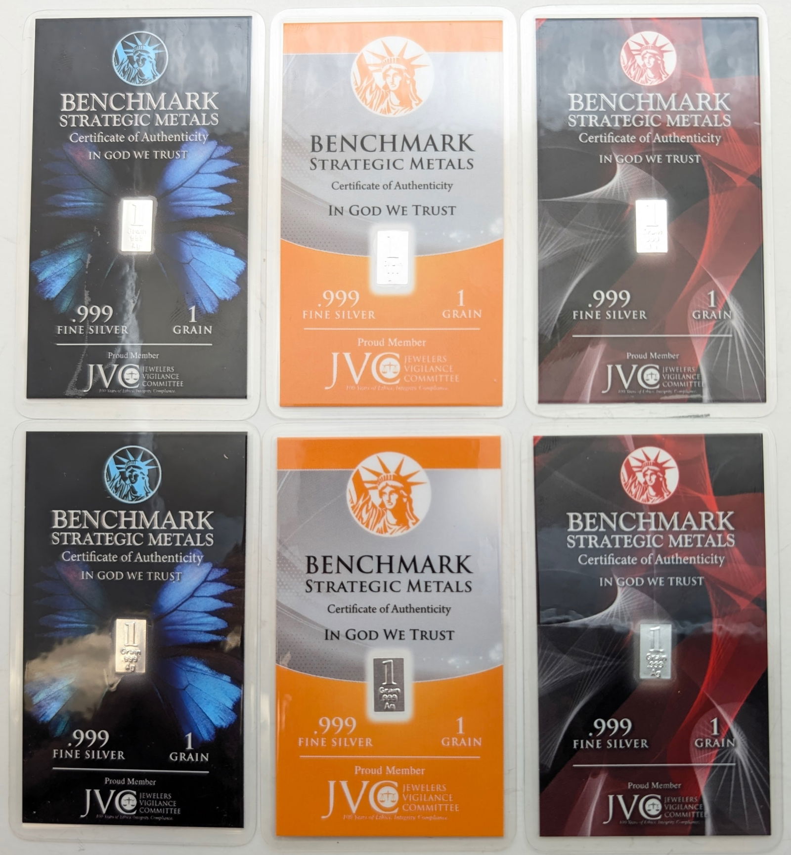 Lot of 6 - 1 Grain (each) .999 Silver Bars - Benchmark Strategic Metals: Silver