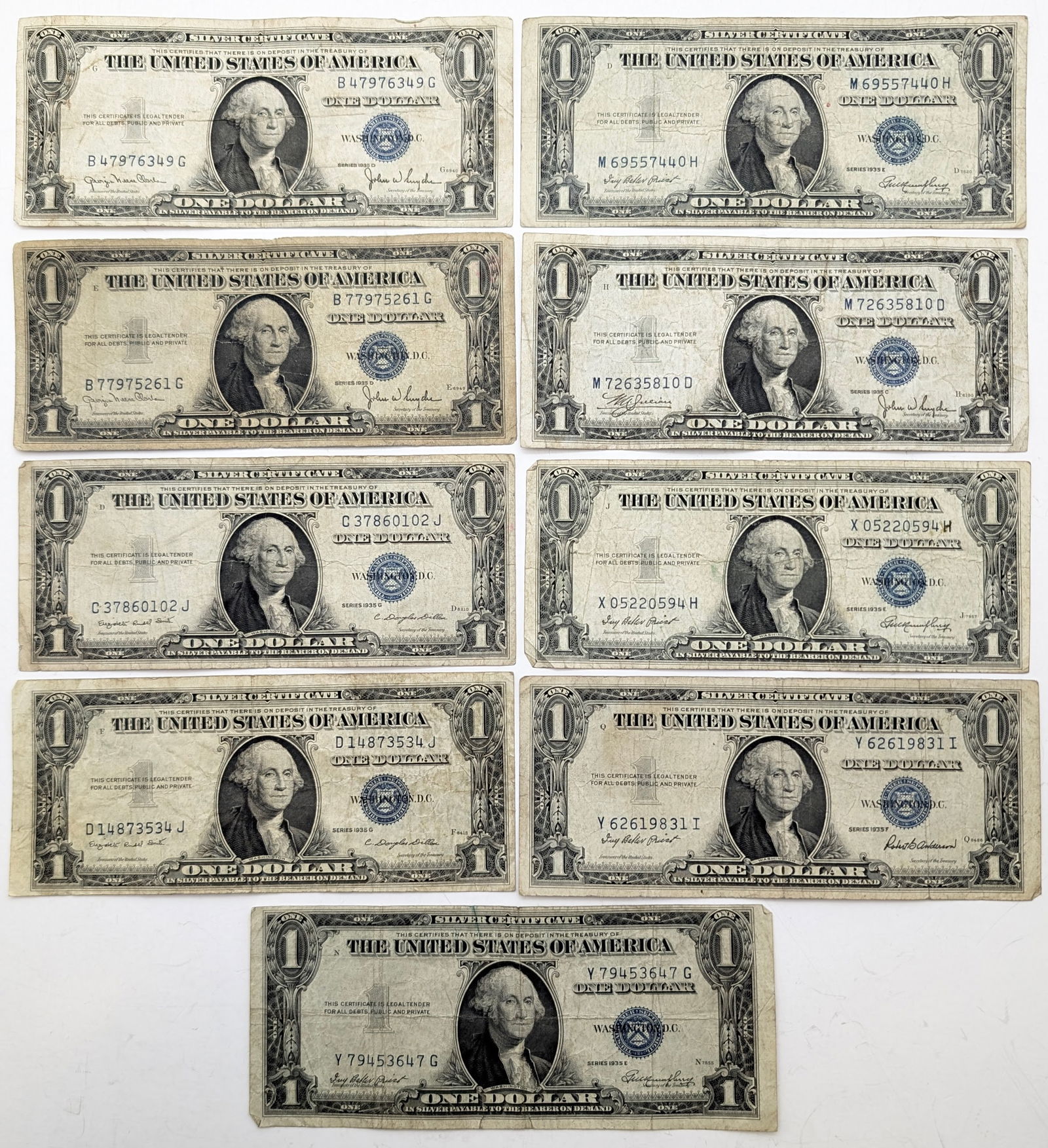 Lot of 9 - 1935 $1 Notes - Silver Certificates (1 of 2)