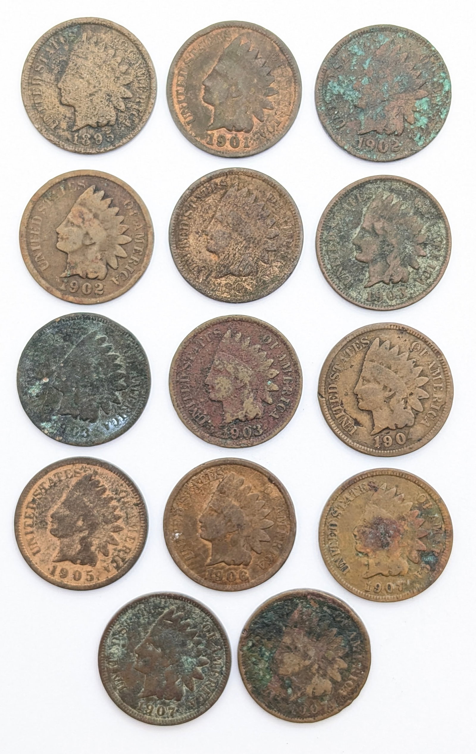 Lot of 14 Indian Head Cents - 1895-1907: Well Circulated