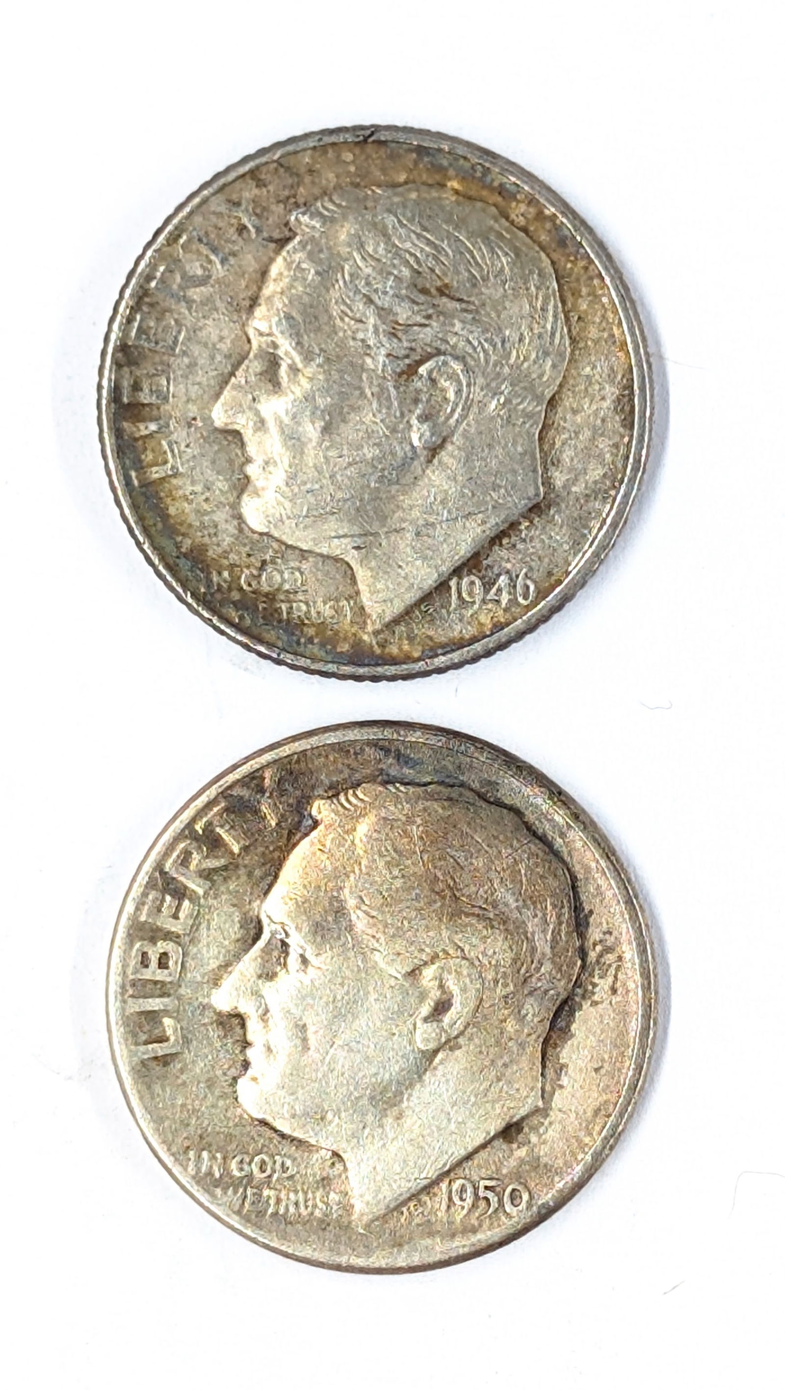 Lot of 2 Silver Toned Roosevelt Dimes - 1946, 1950 (1 of 2)