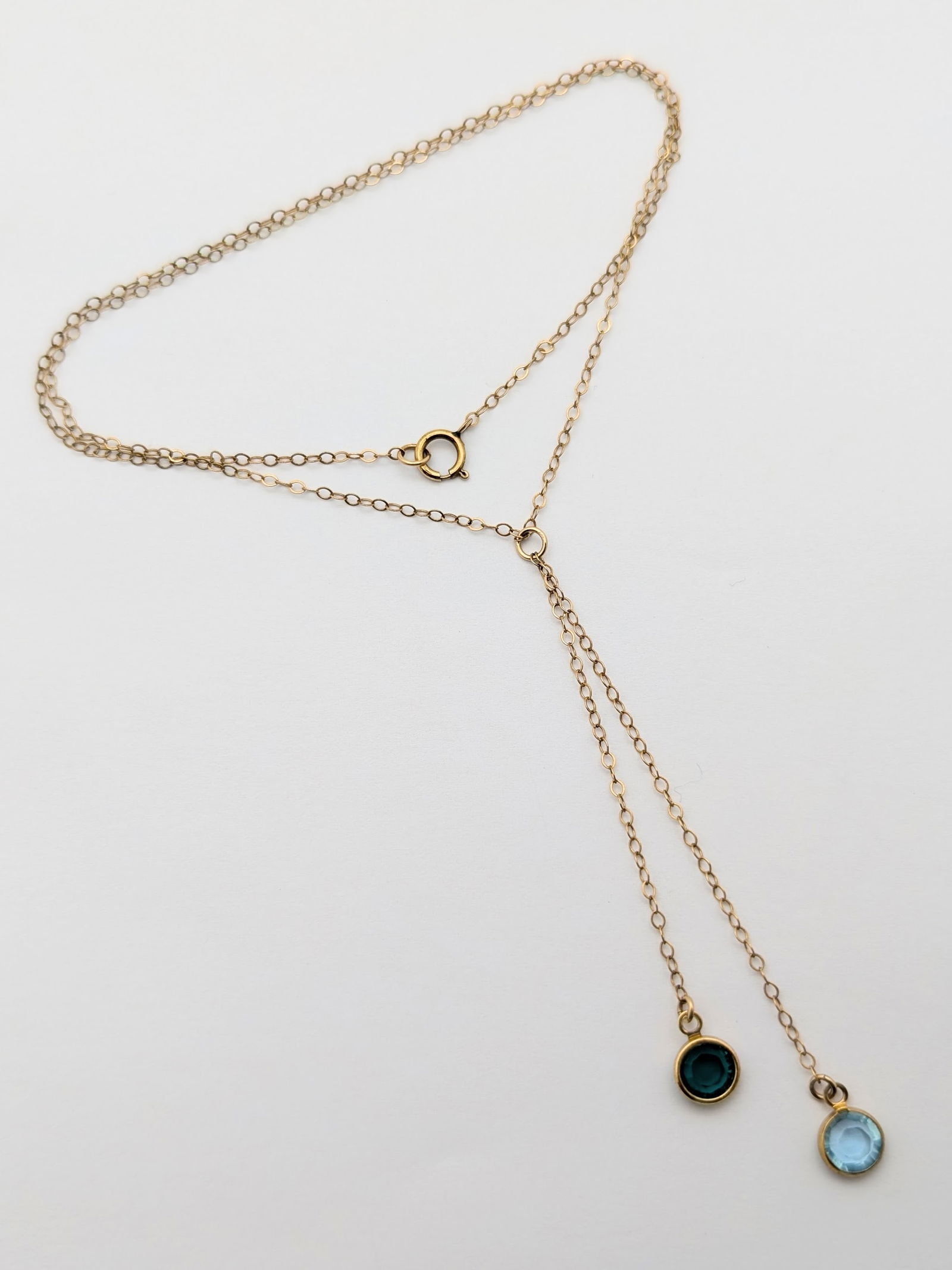 14k Gold Filled Lariat Necklace with Two Pendant Drops: Length- 20in