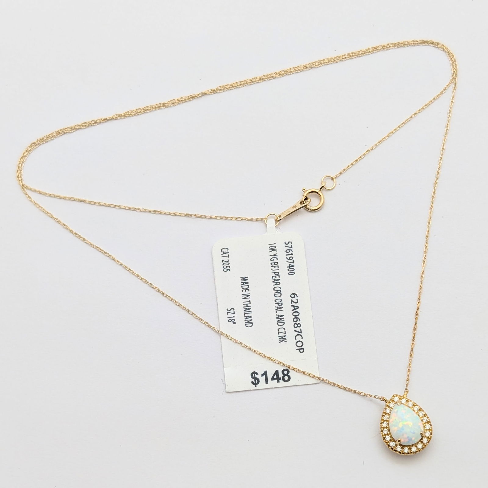 10K Gold Pear Shape Created Opal & CZ Ladies Necklace - 1.46g: Matching set when paired with Lot 80 Length: 18in