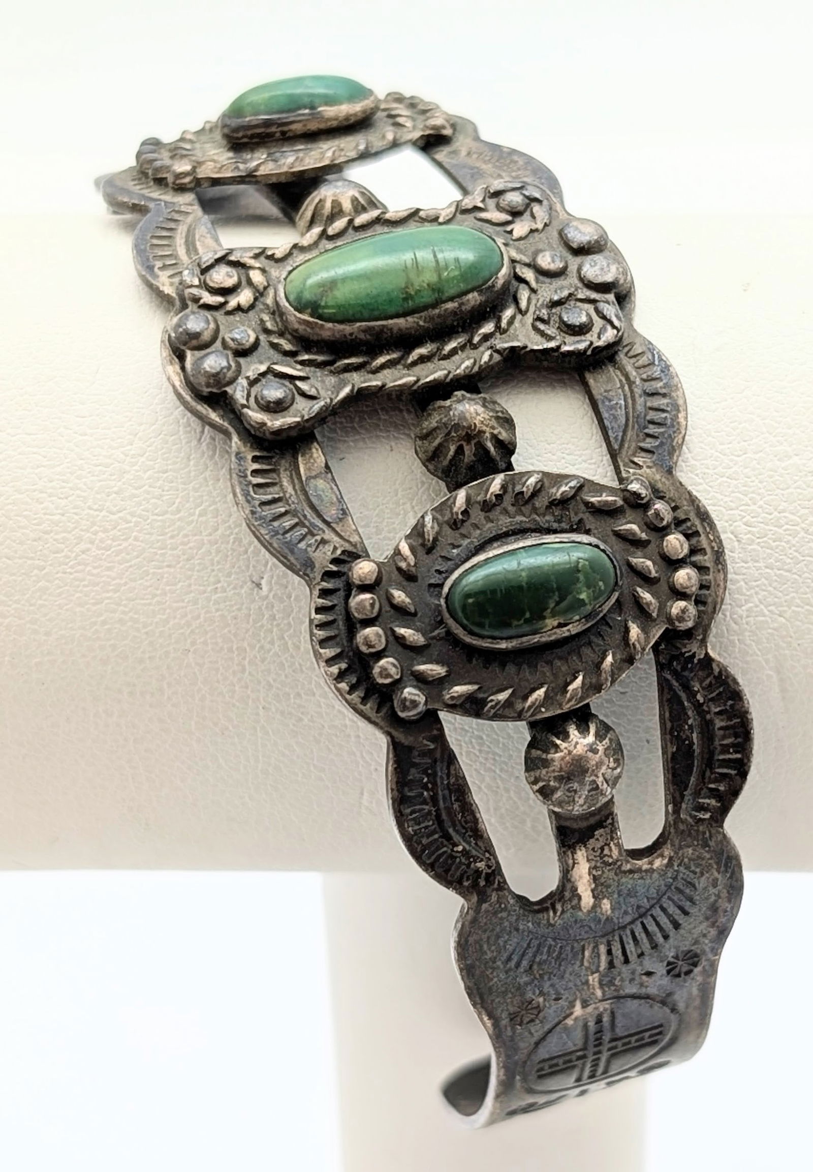 Vintage Sterling Silver Green Stone Ladies Cuff Bracelet - 30.54g (1 of 7)
