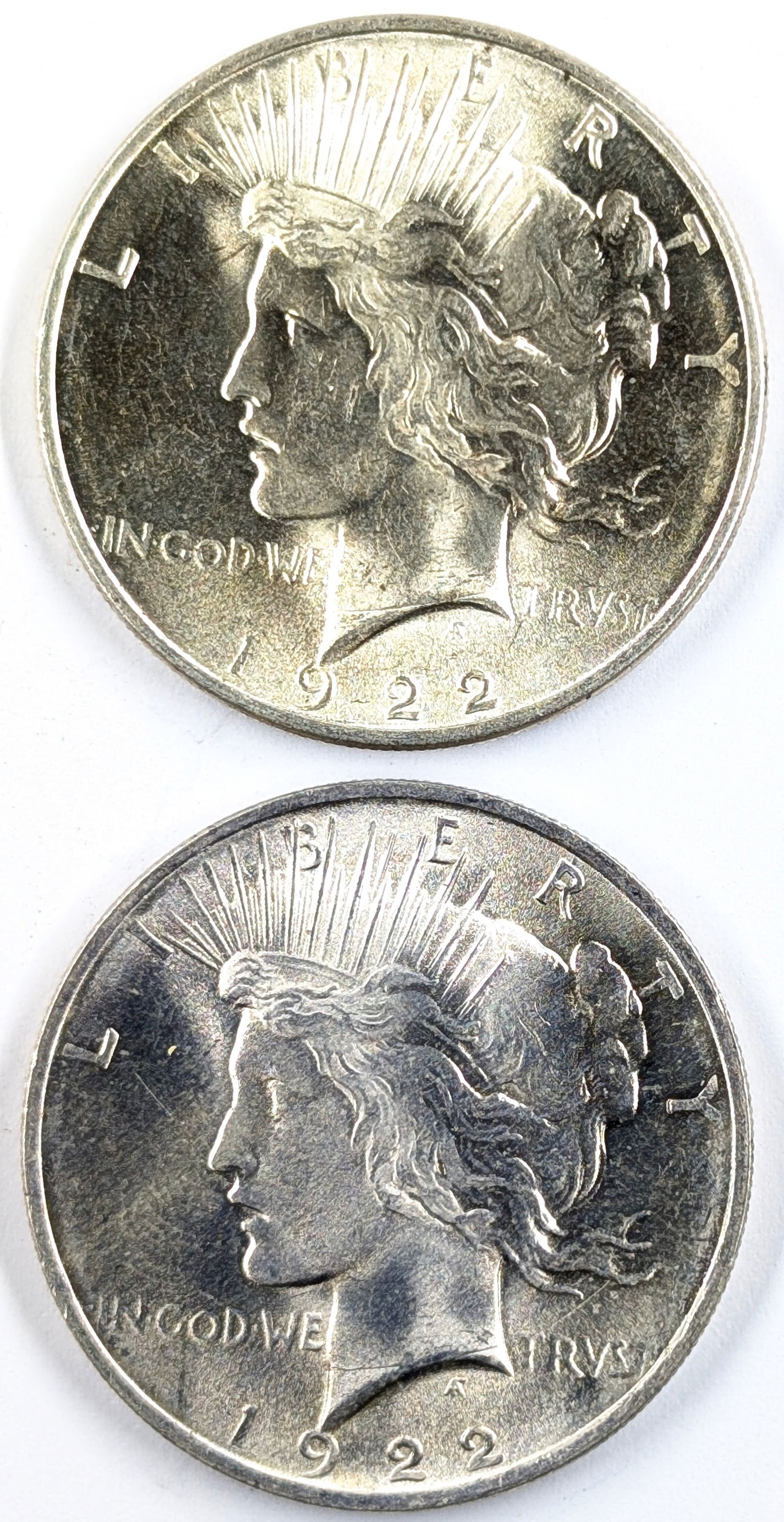 Lot of 2 Silver Peace Dollars - 1922 P/D (1 of 2)