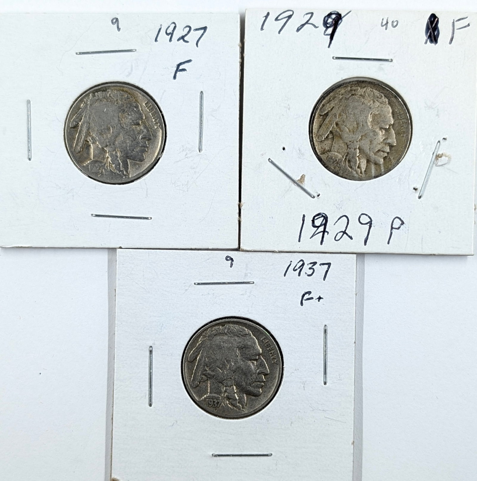 Lot of 3 Buffalo Head Nickels - 1927, 1929, 1937: Coin