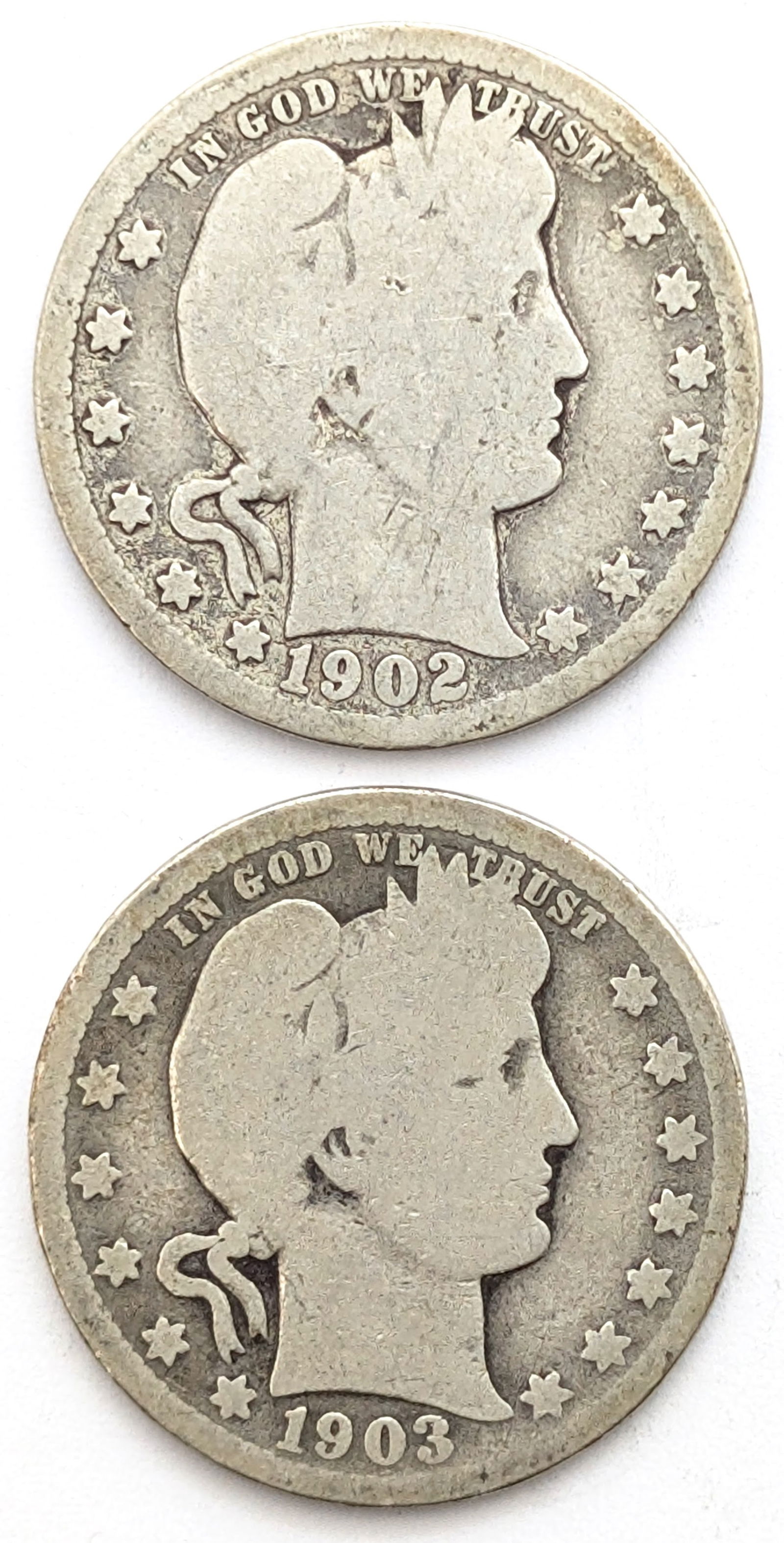 Lot of 2 Silver Barber Quarters - 1902-S, 1903-O (1 of 2)