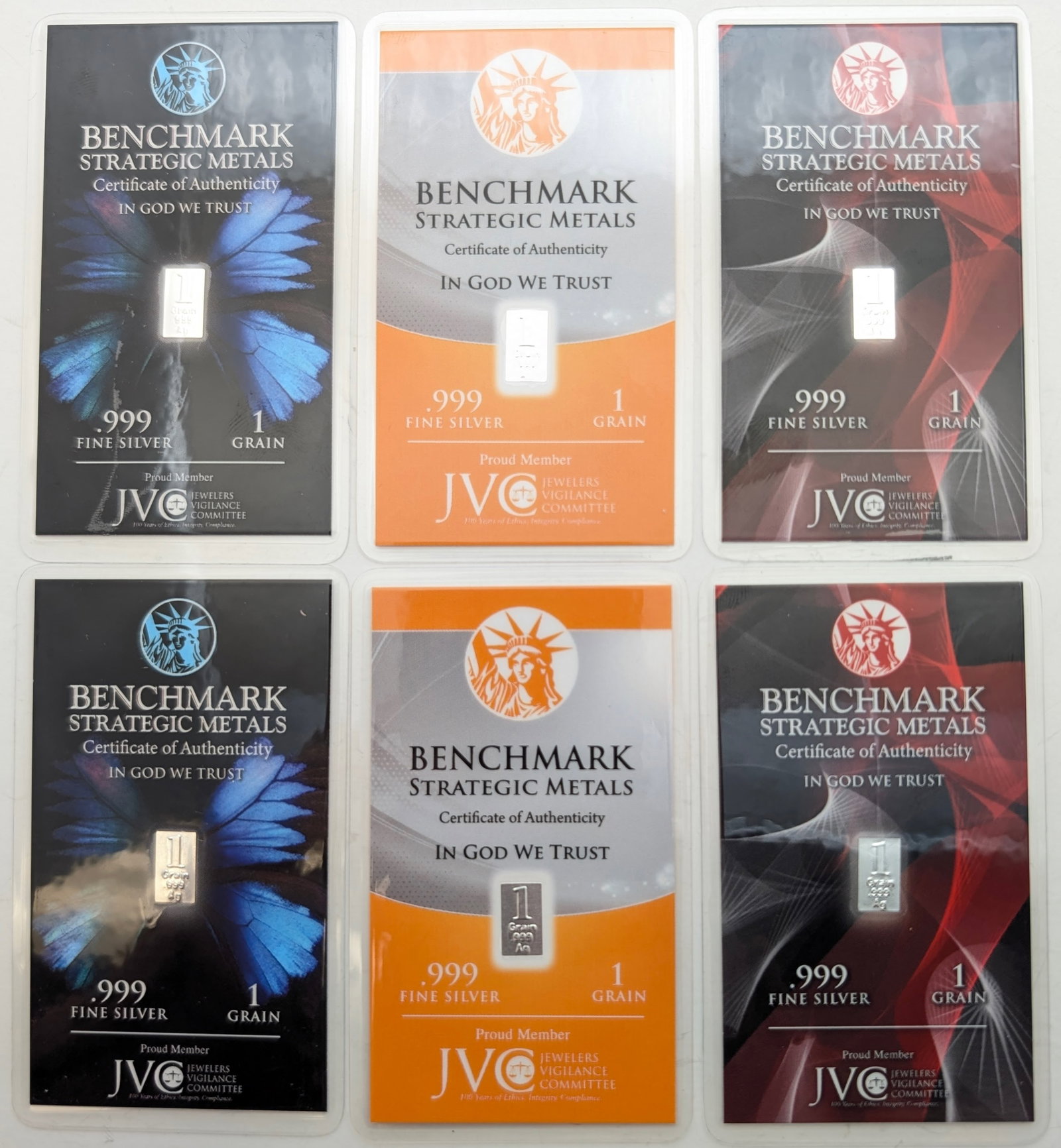 Lot of 6 - 1 Grain (each) .999 Silver Bars - Benchmark Strategic Metals: Silver