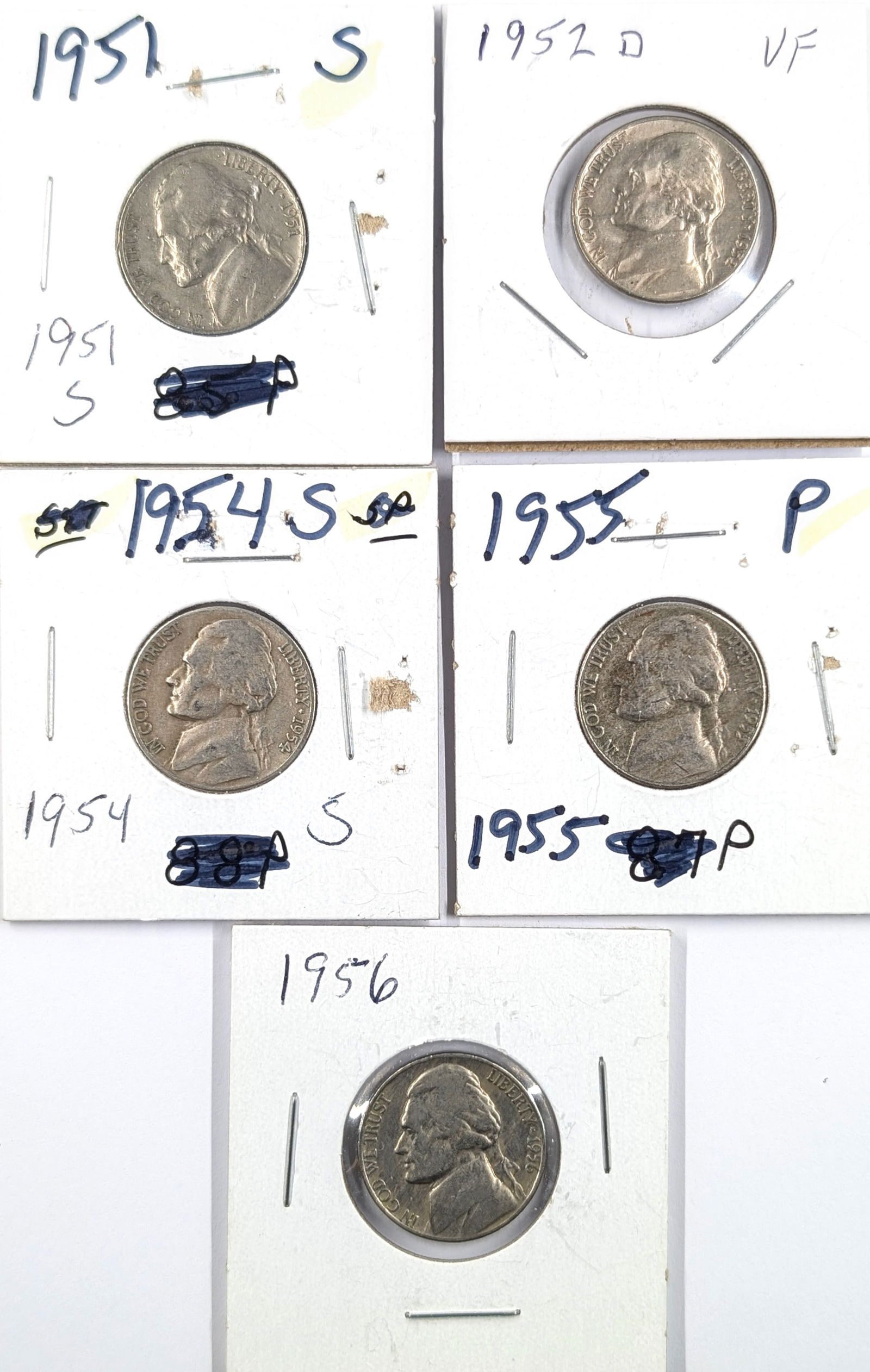 Lot of 5 Jefferson Nickels- 1951-1956 (1 of 2)