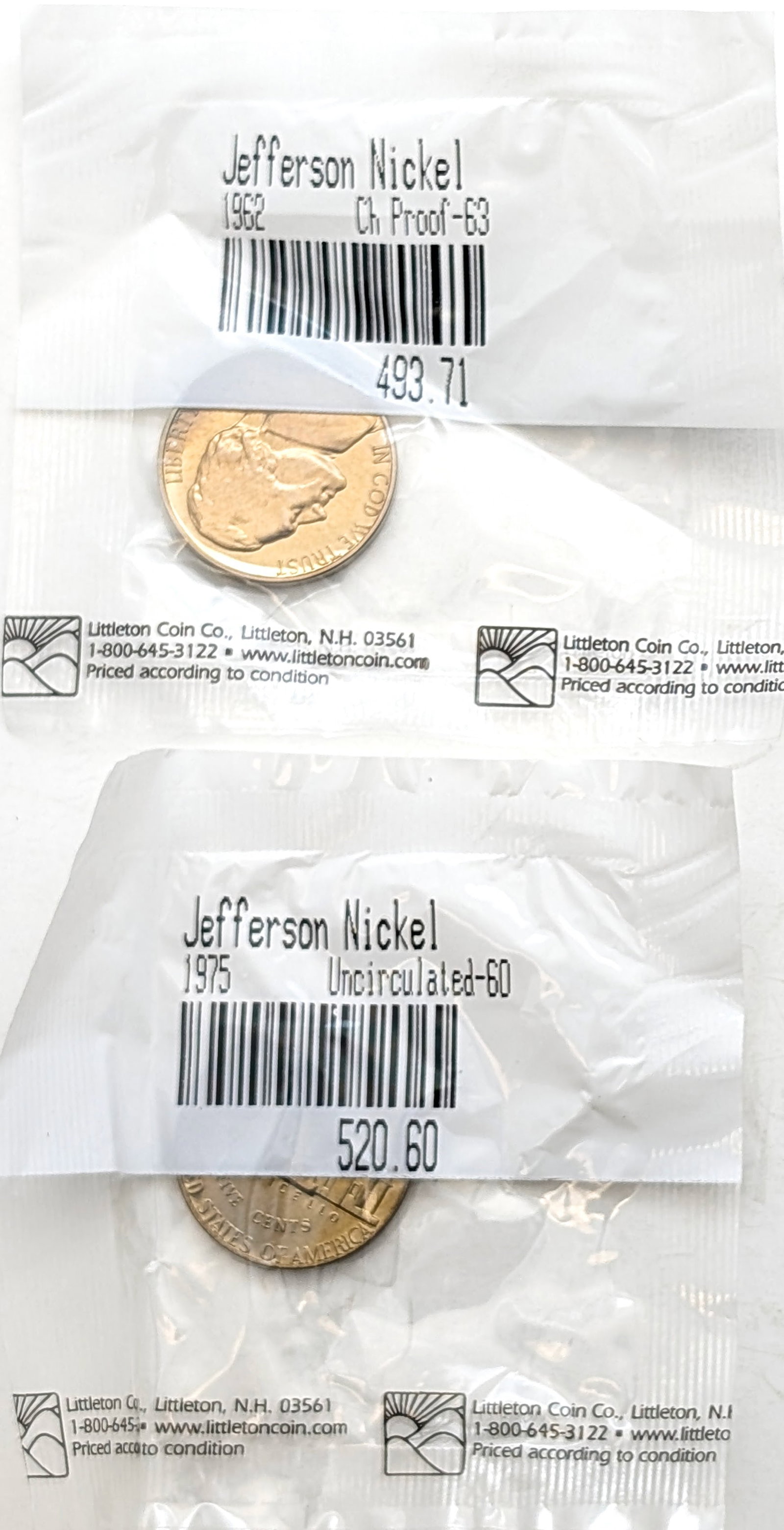 Lot of 2 Littleton Coin Co.Jefferson Nickels- 1962 Proof,1975 Uncirculated: Coin