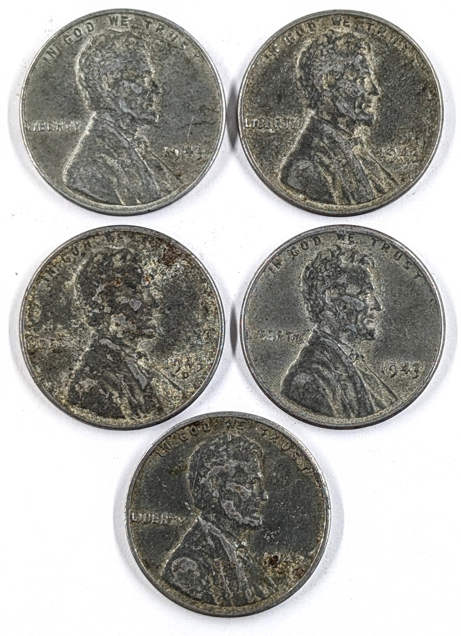Lot of 5 1943 Steel Lincoln Cents: Coin