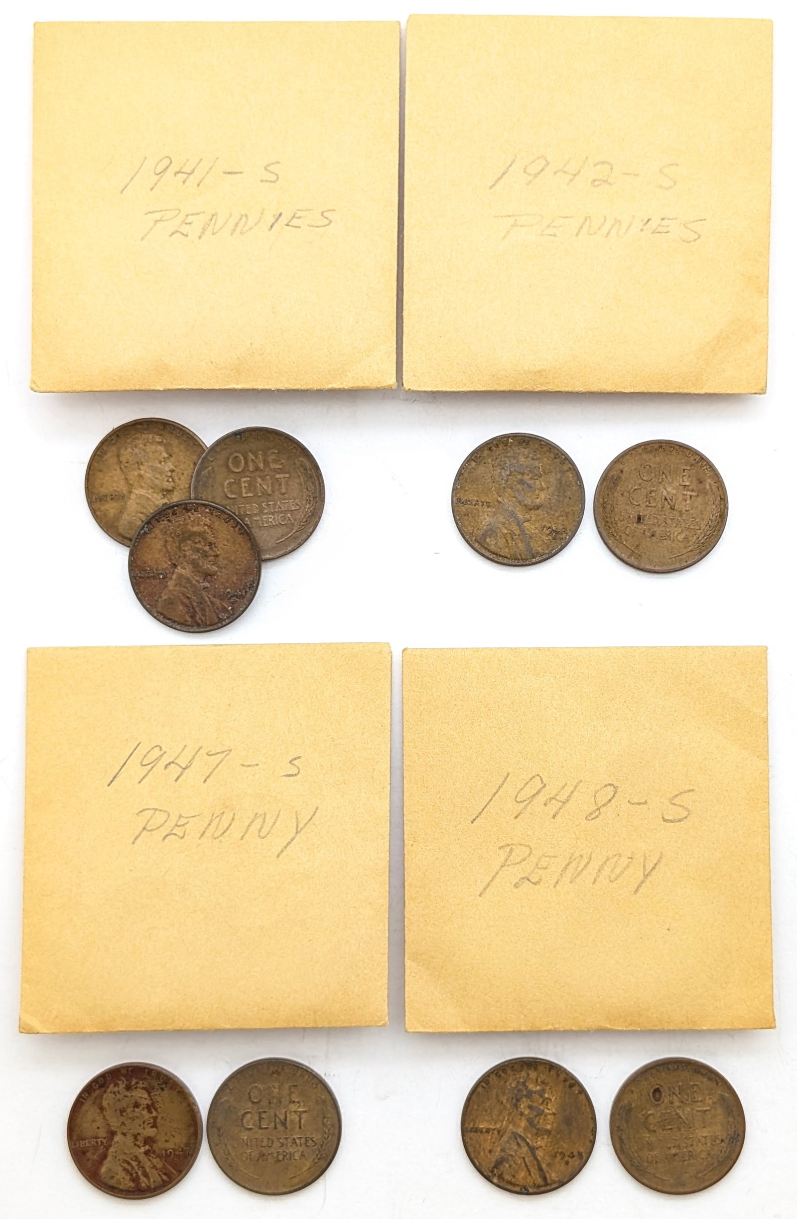 Lot of 9 Wheat Cents- 1941-S, 1942-S, 1947-S, 1948-S: Coin