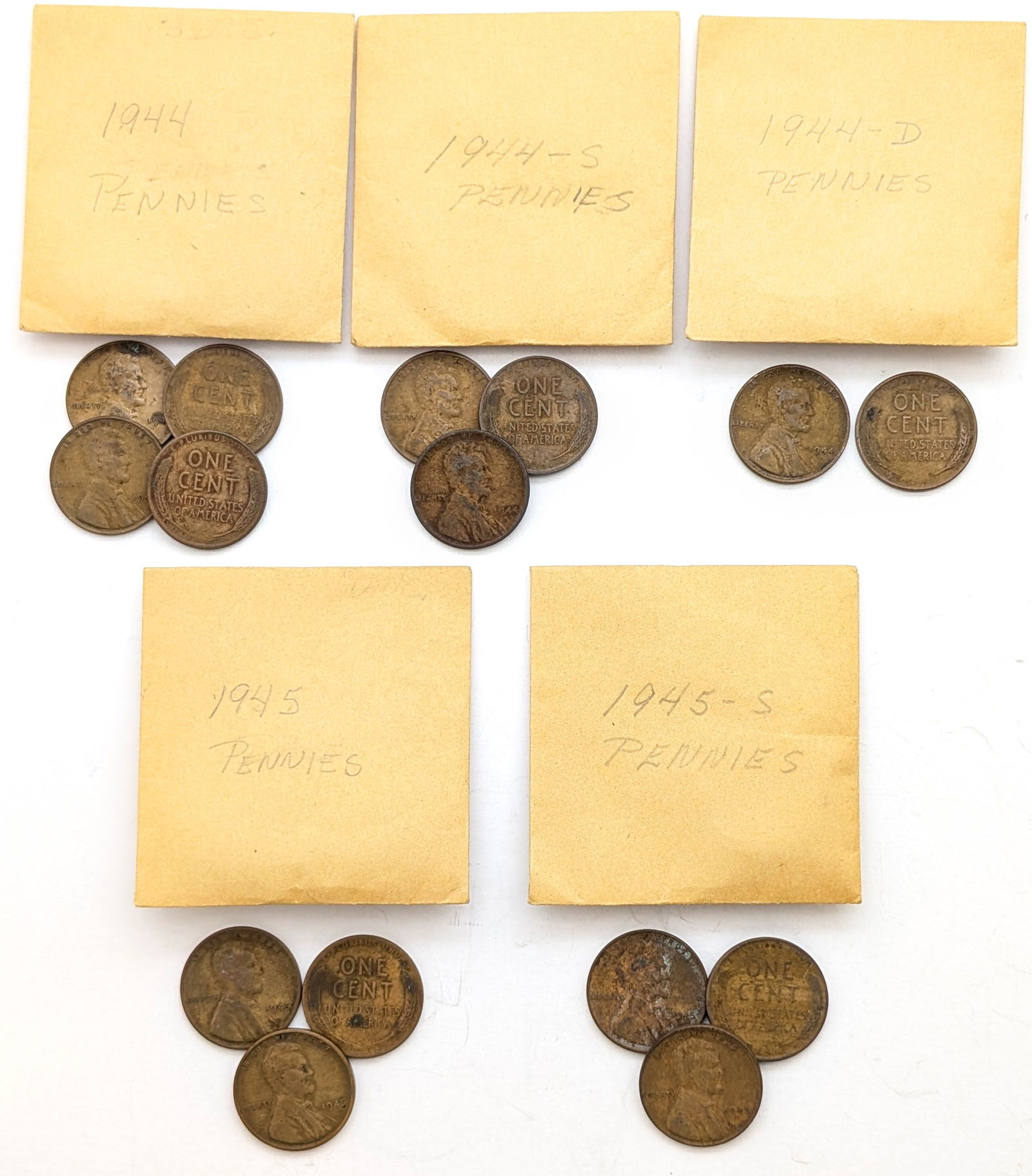 Lot of 15 Wheat Cents- 1944 P,D,& S, 1945 P&S (1 of 4)